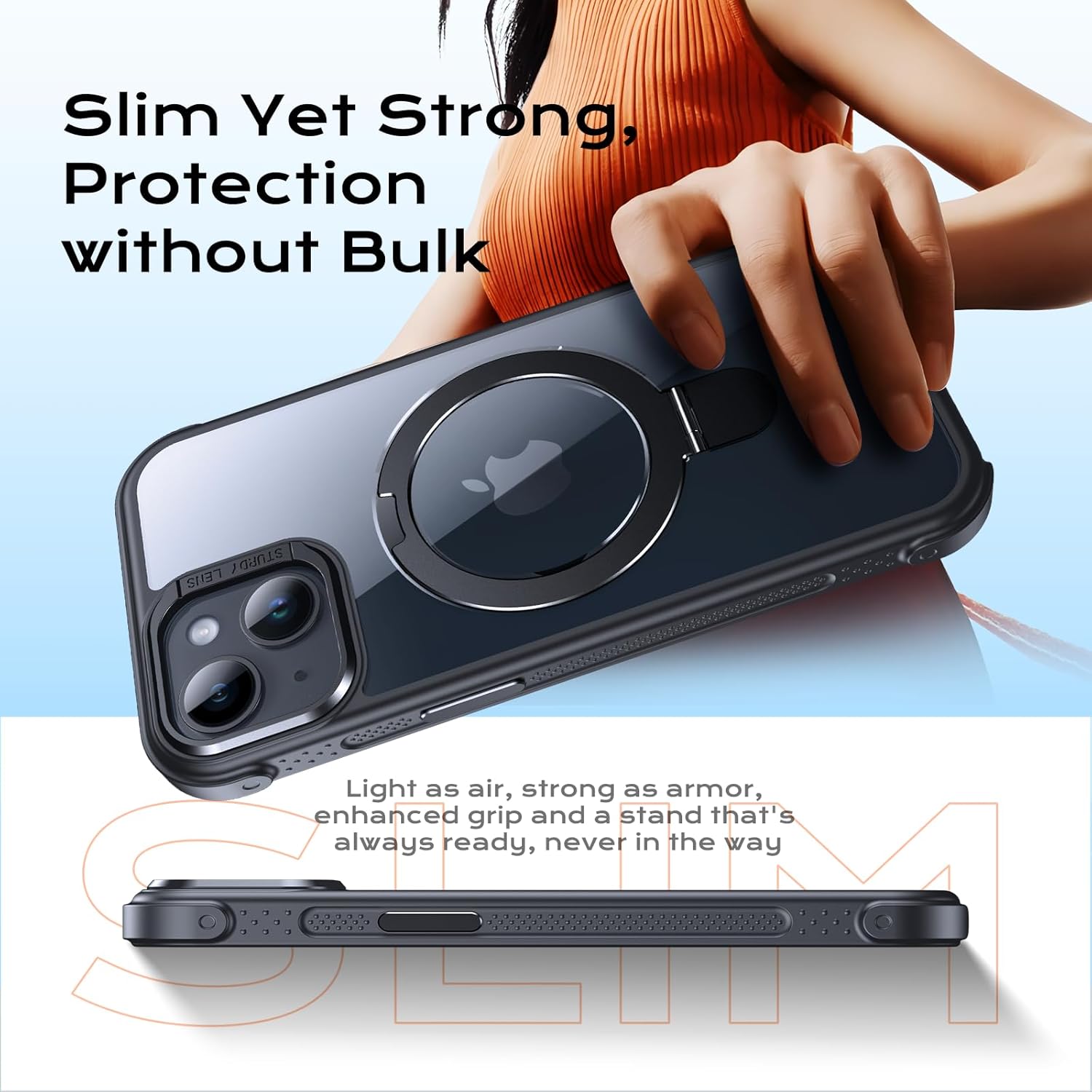 Anqrp O-Ring Magnetic Kickstand Clear Case for iPhone 14/13, Compatible with Mag-Safe, Military-Grade Reinforced 4-Corners Anti-Yellowing Transparent Phone Case Cover for iPhone 13/14, Black - Image 6