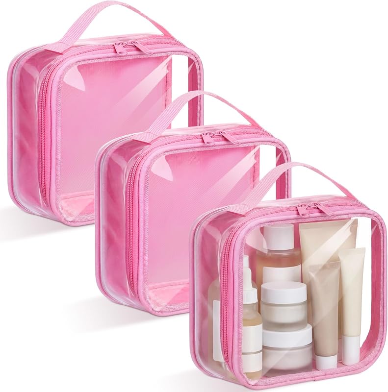 Abbylike Necessaires Transparentes de PVC com Zíper e Alça, Rosa, Pacote com 3