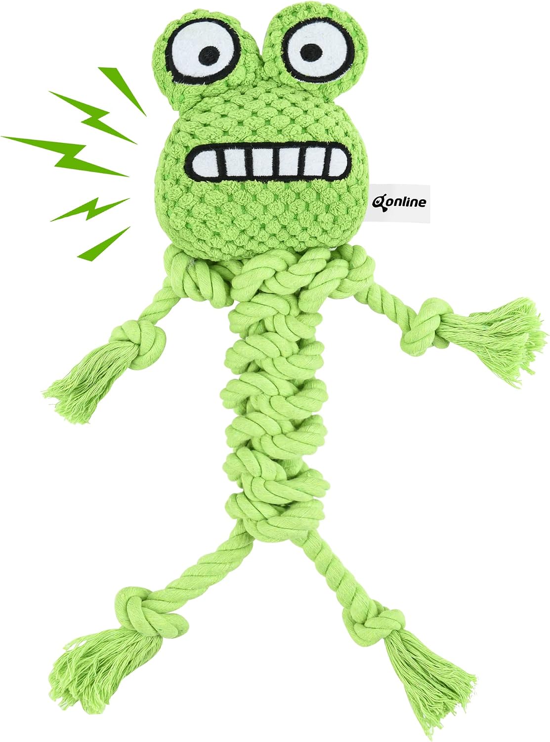 Qonline Green Frog Dog Toy, Stuffed Dog Toy, Cute Plush Head Squeaker Toy, Dog Rope Toy ,Fetch and Tug Toy for Small Medium Dogs