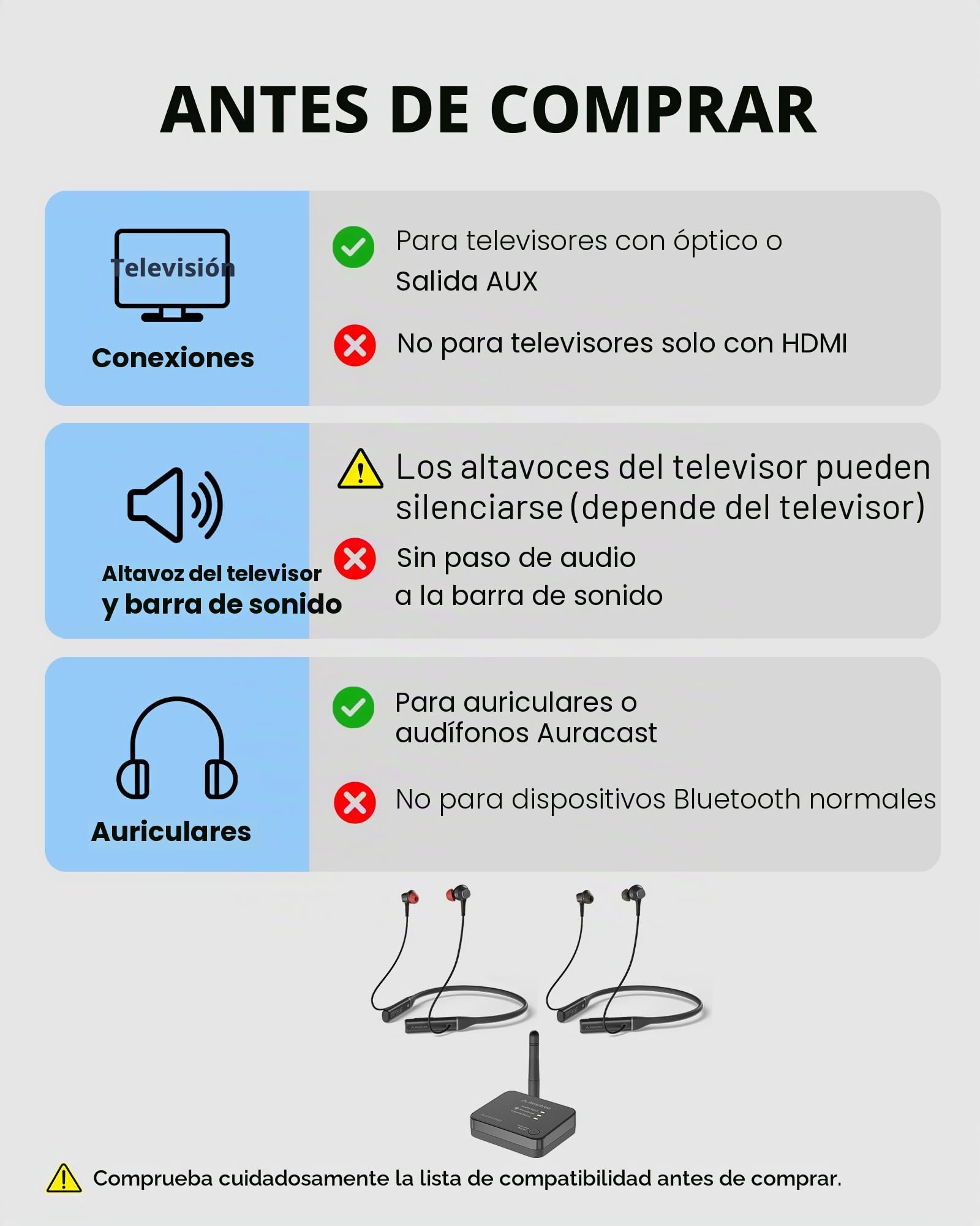 Avantree Aura Loop Dual – Auriculares TV inalámbricos Auracast, 2 Pares incluidos para Escucha compartida, 3 Modos EQ Incl. Diálogo Claro para Personas Mayores, transmisión One-to-Many