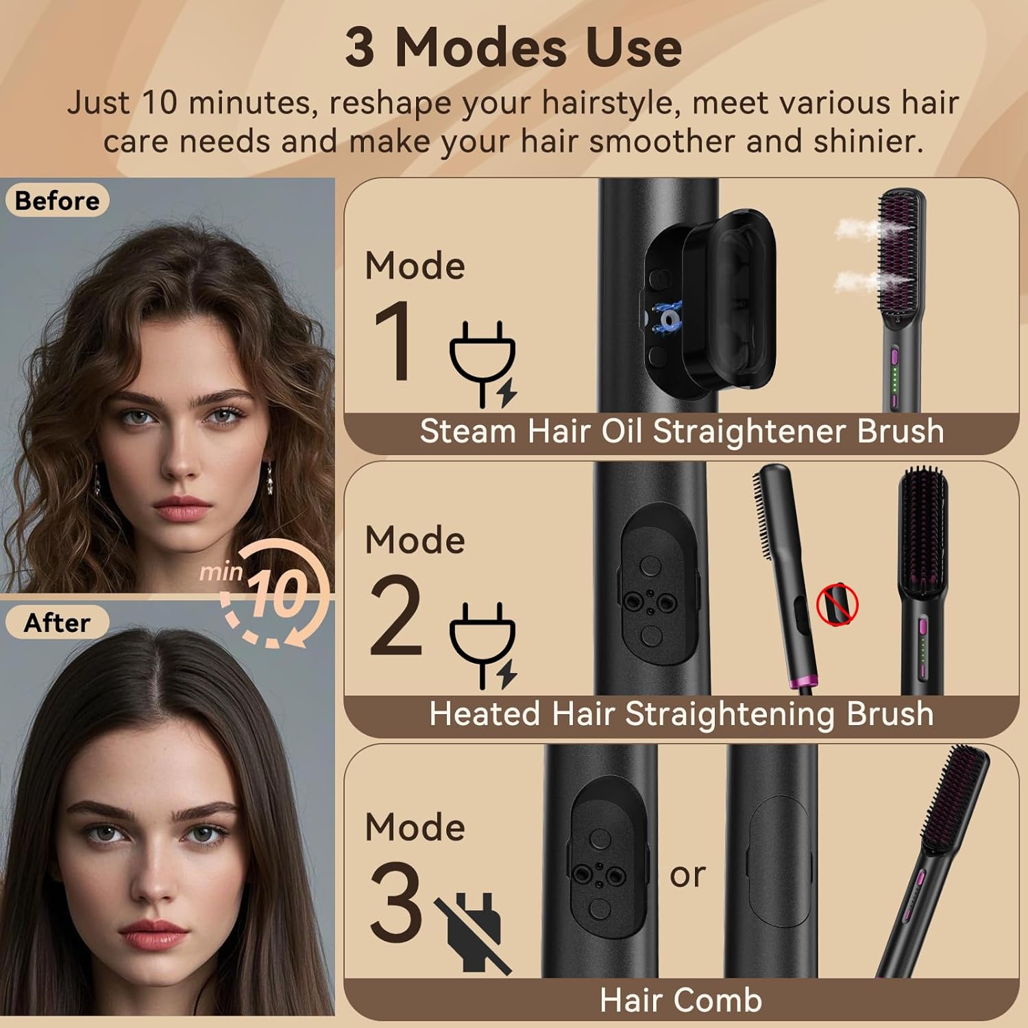 2 in 1 Steam Hair Straightener Brush, MSDS Approved 30s Fast Heat-up Electric Portable steam Straightener Brush Hot Comb with 2 Essential Oils, Reduce Frizz, Nourishes Hair, 20Min Auto Shut-Off - Image 7