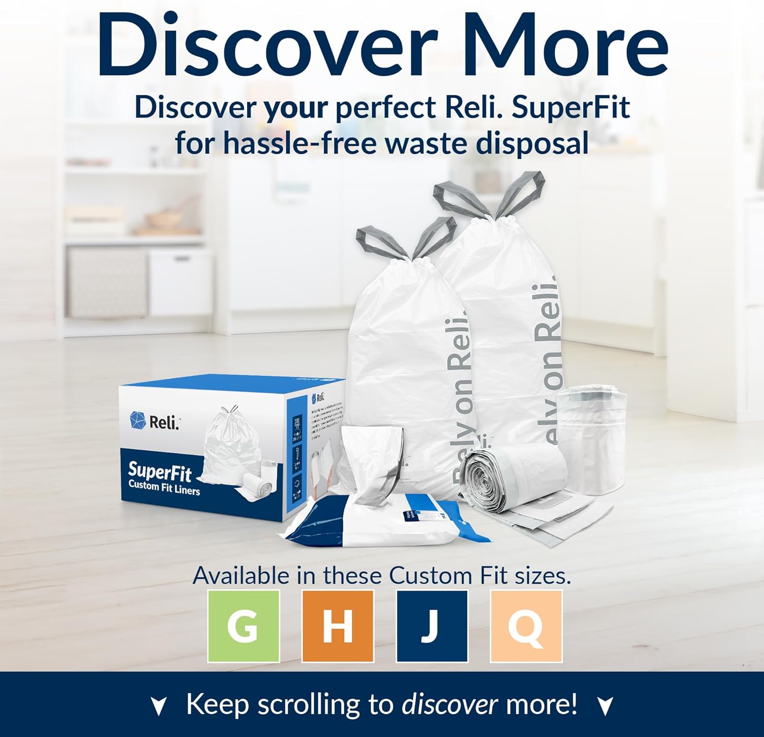 Reli. SuperFit Code J (225 Count) | Compatible with Simplehuman Code J | Custom Fit Liners | Drawstring Trash Bags | 30-45 Liter / 8-12 Gallon | White | Roll Pack