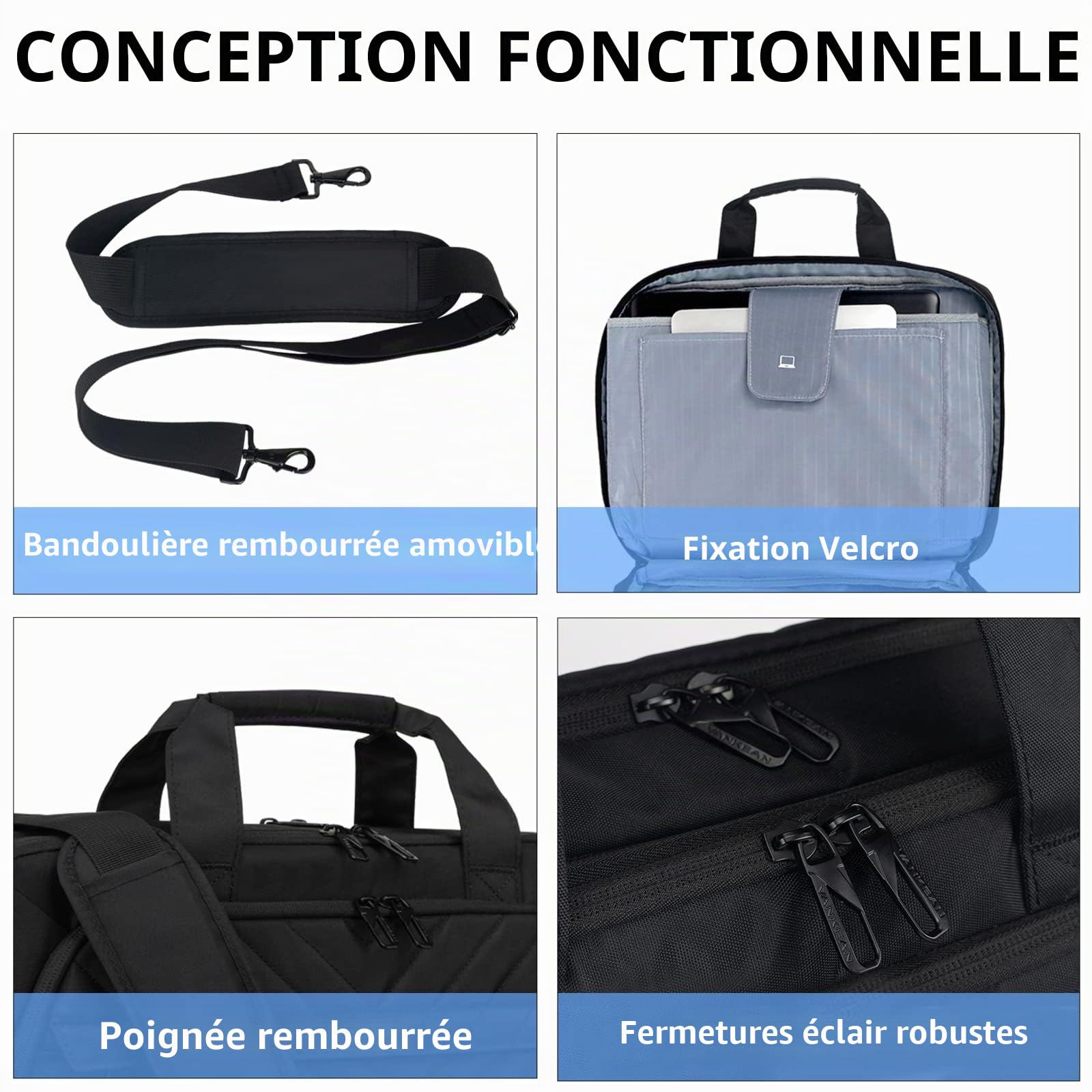 VANKEAN Sacoche pour ordinateur portable 17 Pouces, compatible TSA -extensible pour femme et homme Tendance étanche avec poche RFID bandoulière pour affaires/voyage/université - Noir