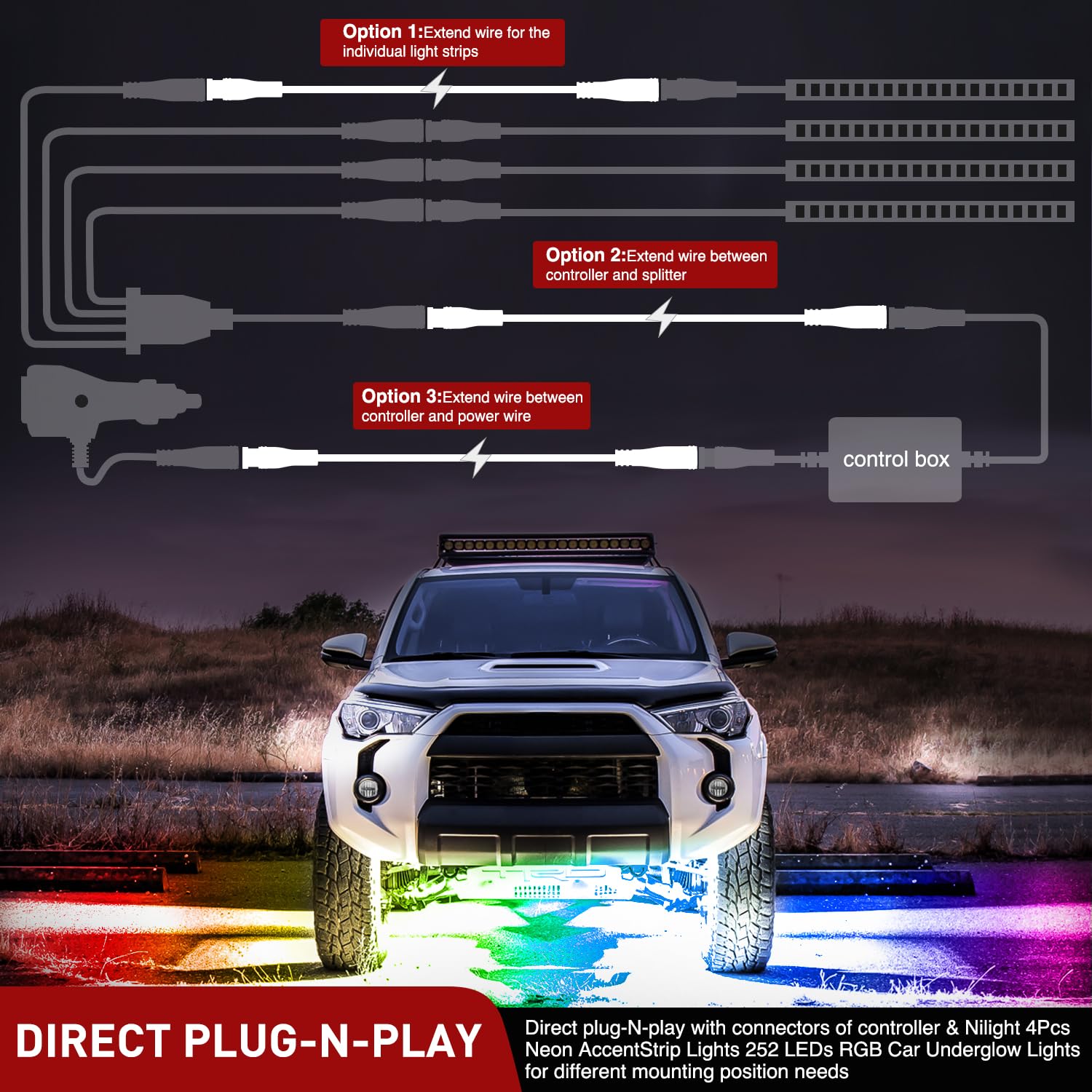 Nilight 2 Pack 5FT 4 Pin Extension Cable Cord for 4PCS Car Underglow Neon Accent Strip Lights 252 LEDs RGB 8 Color Wire Harness 5 Feet Underglow Light Extension Wire Plug and Play