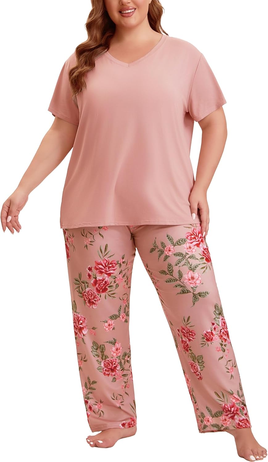 Plus Size Pajamas for Women Set, Womens Short Sleeve Tops and Long Pants Soft Pjs Lounge Sets with Pockets - Image 6