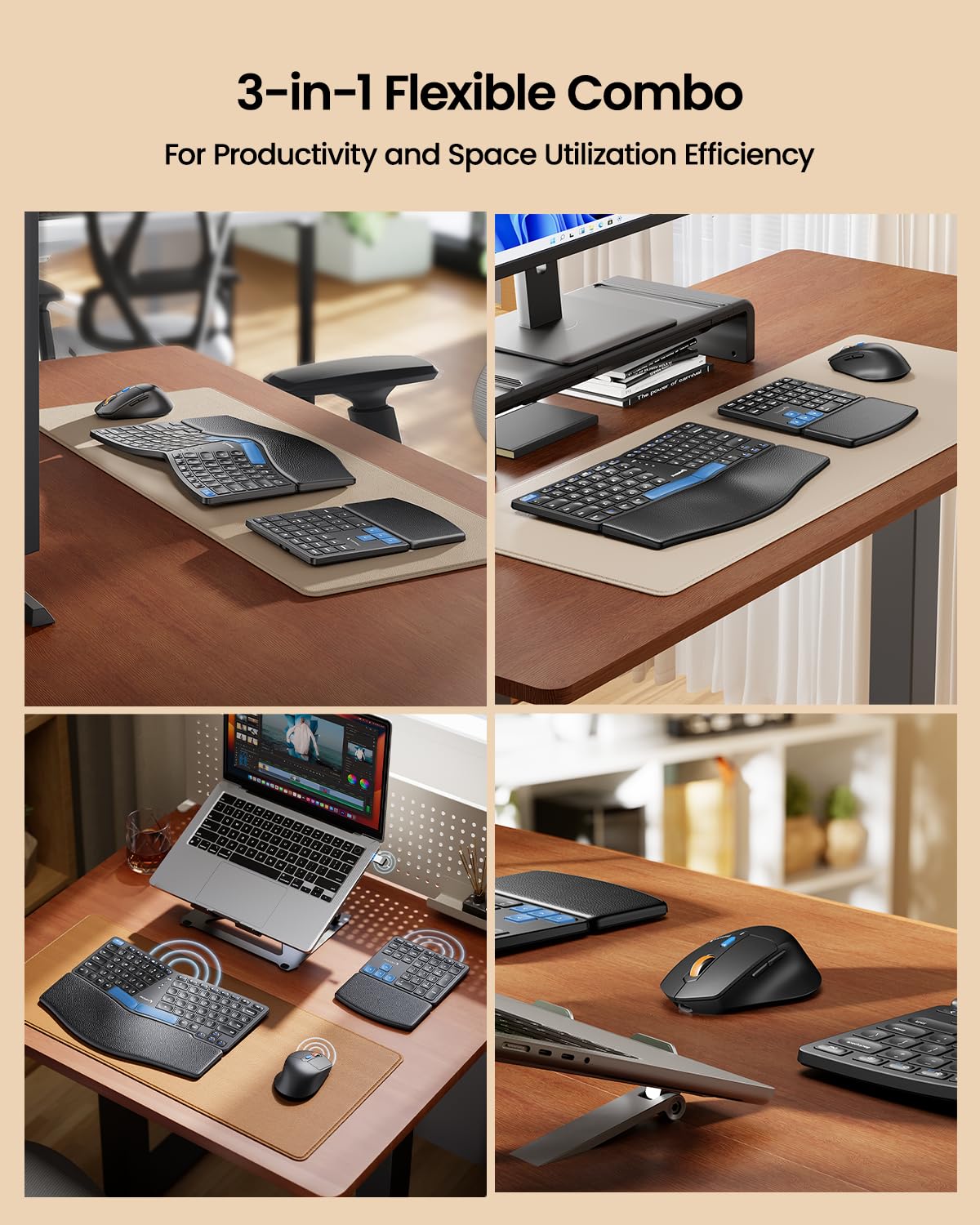 ProtoArc Ergonomic Keyboard Mouse, EKM04 2.4GHz Wireless Ergo Keyboard Mouse Combo, Separate Numeric Keypad, Split Design, Wrist Rest, Rechargeable, for Desktop, PC, Laptop, Windows - Blue Space Key