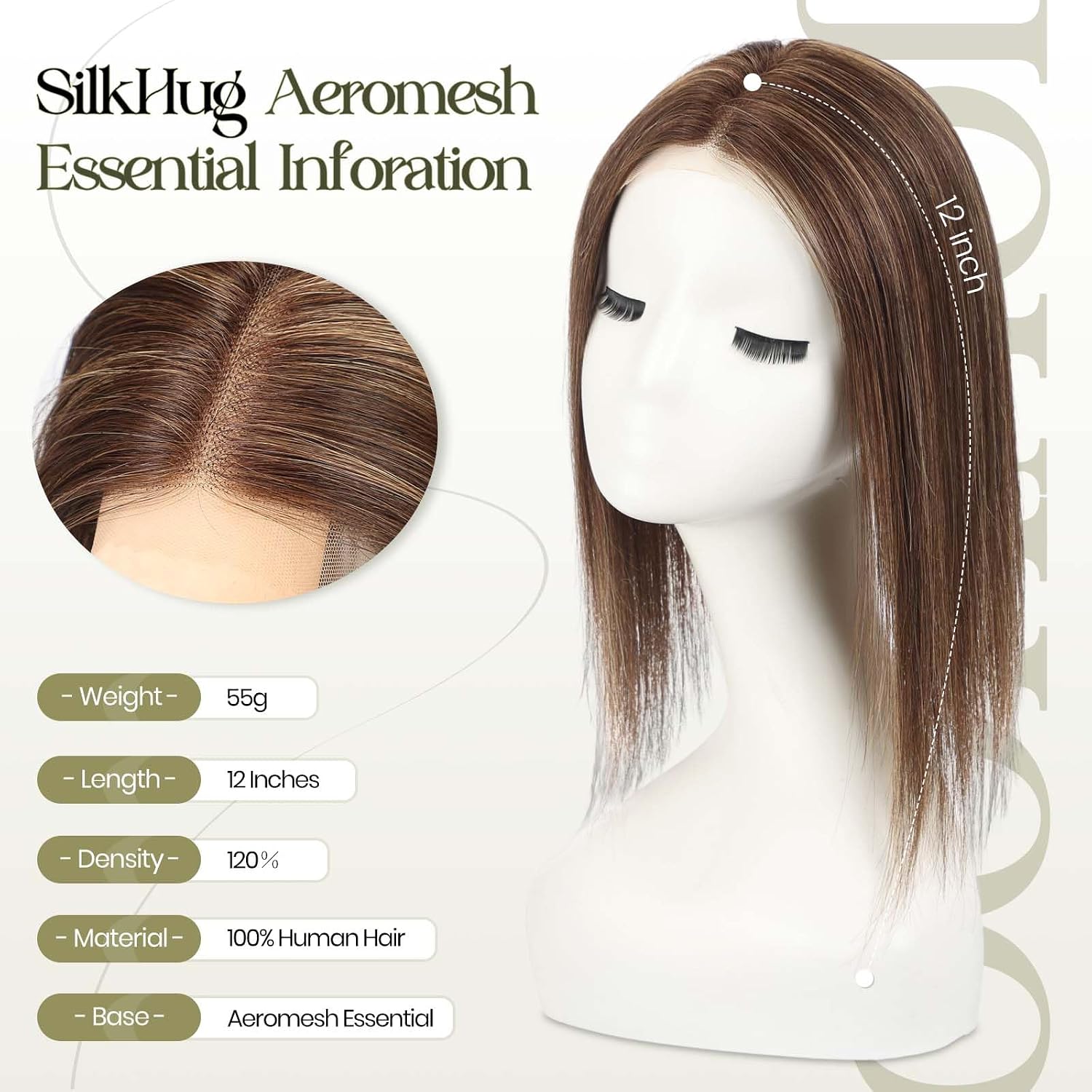 Hair Topper Real Human Hair Lace Front, SilkHug 5"x6" Aeromesh Base, 12 Inch Length 55g Weight, Halo Wire Secure Fit,Topper Hairpiece Human for Women Thinning, Mocha Shadow(T2/6/BC#)