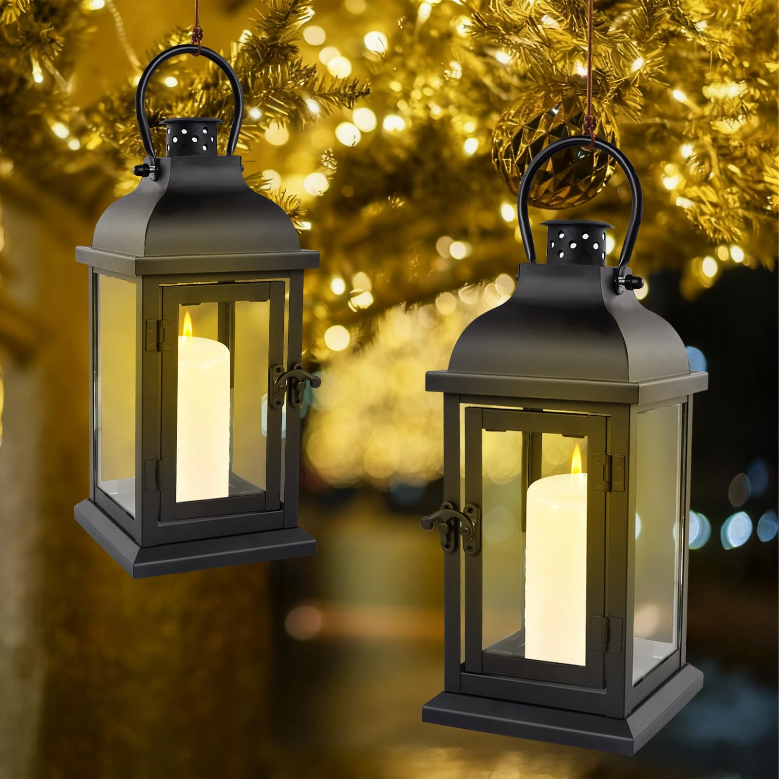 Lanterne Bougie Exterieur Noire, 27cm Métal Lanternes Outdoor Funeraire pour Cimetière, Lanterne Résistante aux Intempéries, avec Vitre et Poignée, Décoration de Jardin, Lumière à Vent Intérieur