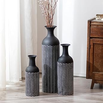 Sziqiqi Metal Floor Vase Large Black Large Vases Base for Pampas Pack of 3 | Thick, stable, low maintenance, removable lids, 
