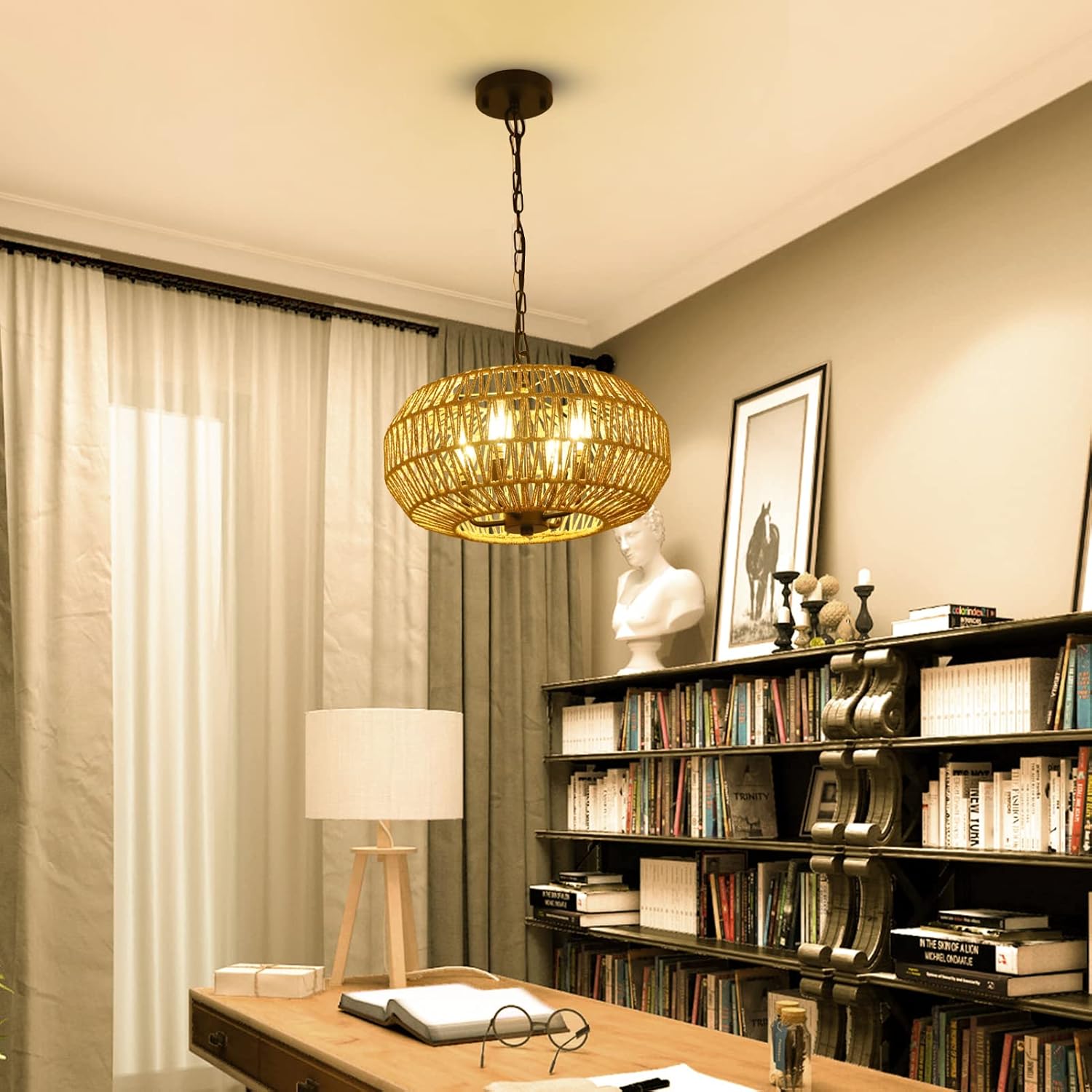 farmhouse rattan pendant lights, 15.7" 4-light boho chandelier light fixture, wicker hand woven basket pendant hanging for dining room living room kitchen island bedroom foyer, height adjustable d15.7" 4-light