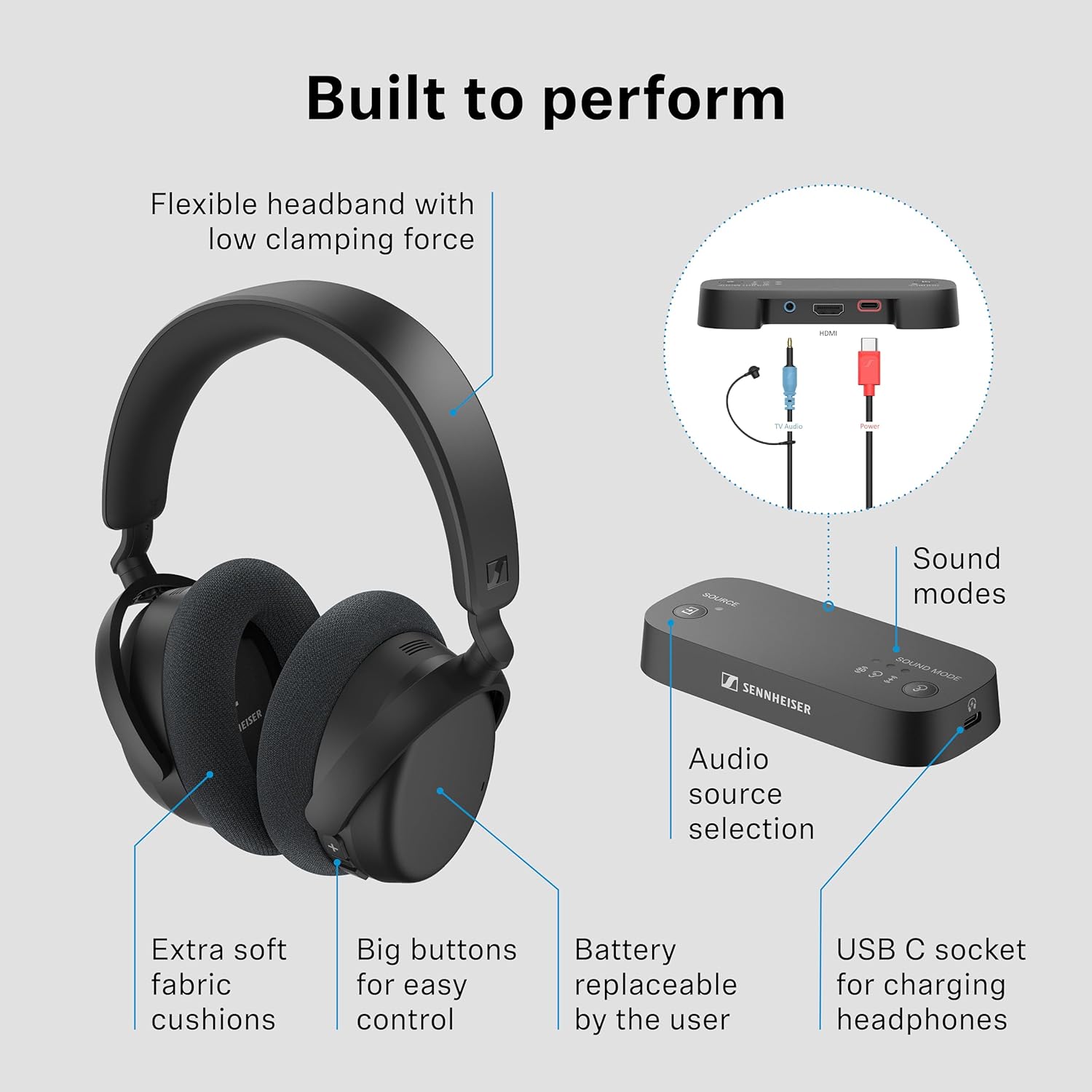 Sennheiser RS 255 TV Headphones - Bluetooth Headphones and Transmitter Bundle - Low Latency Wireless Headphones with Virtual Surround Sound, Speech Clarity and Auracast Technology - 50 h Battery - Image 8