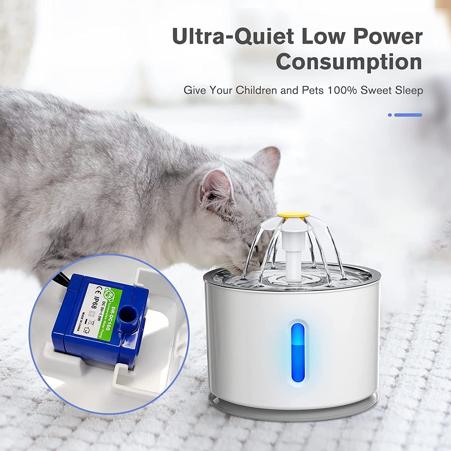 Pompa Per Fontana Per Gatti Ewilibe - Ricambio Acciaio Inox Con LED Ultra Silenziosa