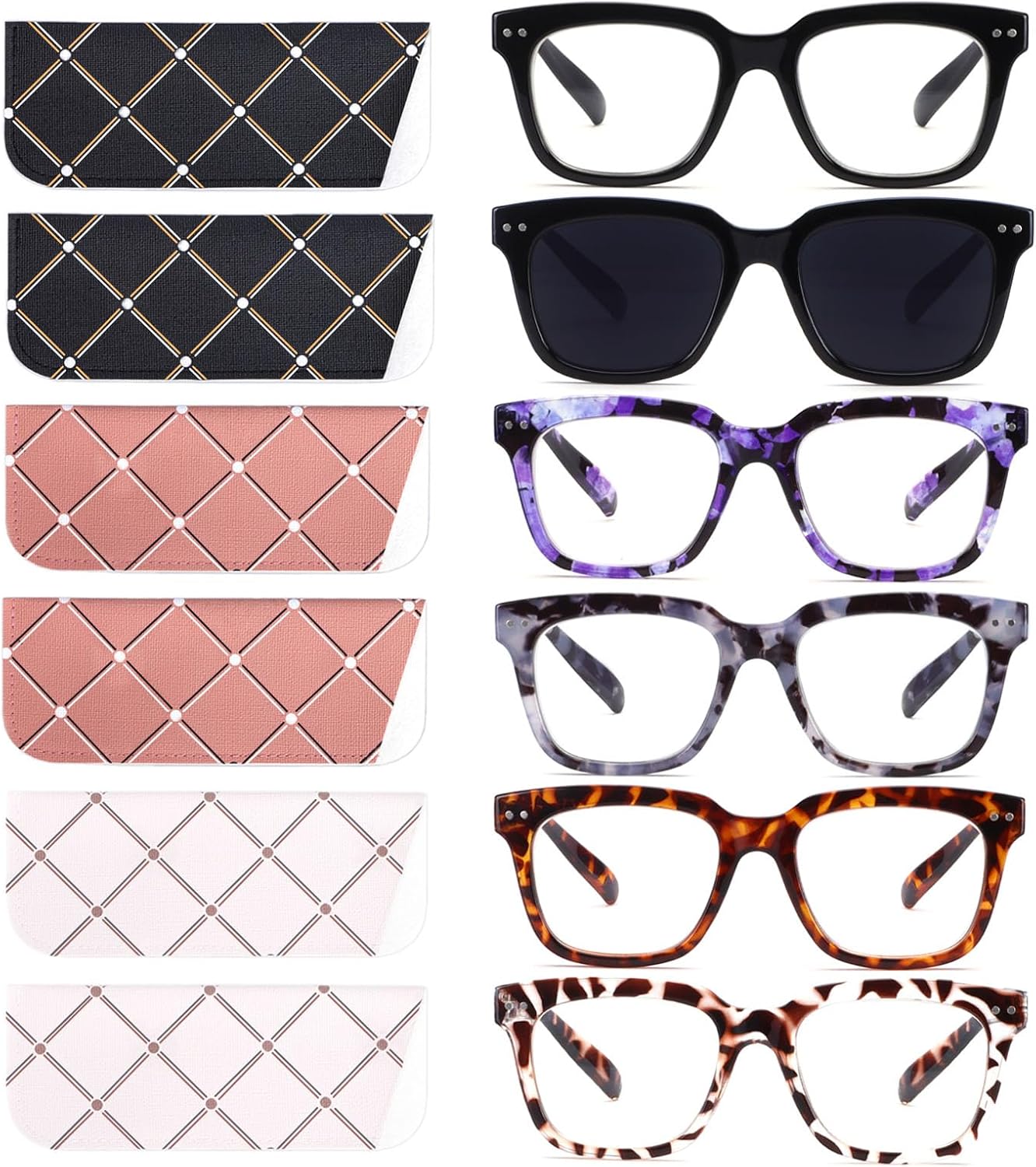 6 Pack Fashion Reading Glasses for Women Men Blue Light Blocking Oversized Square Readers with Spring Hinge 2 Black & 4 Colorful 1.75 x