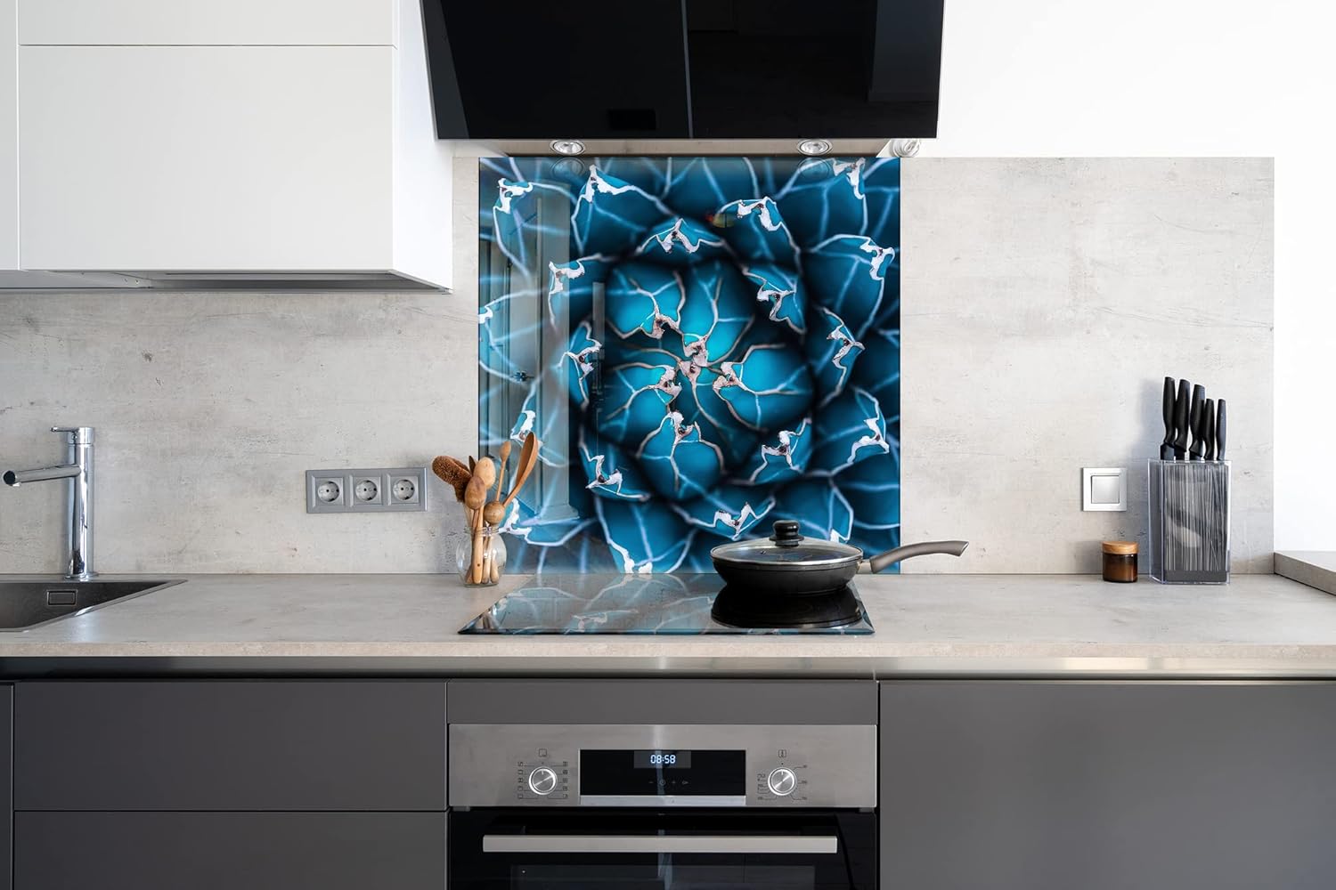 Myphotostation Dark Blue Cactus Tempered Glass Backsplash 23.5Wx12H'' Floral Splashback for Kitchen Decor Bathroom Wall Protector Stove Backsplash Panel Tile Glass Splashback