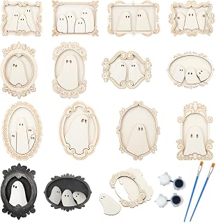 Simgoing 12 Set Wood Ghost DIY Frames Decorating Craft with Paint and Brush Unfinished Wooden Gift Ornaments Cute Ghost for Halloween Craft Art Party Supplies, Not Include Glue (Cute Style)