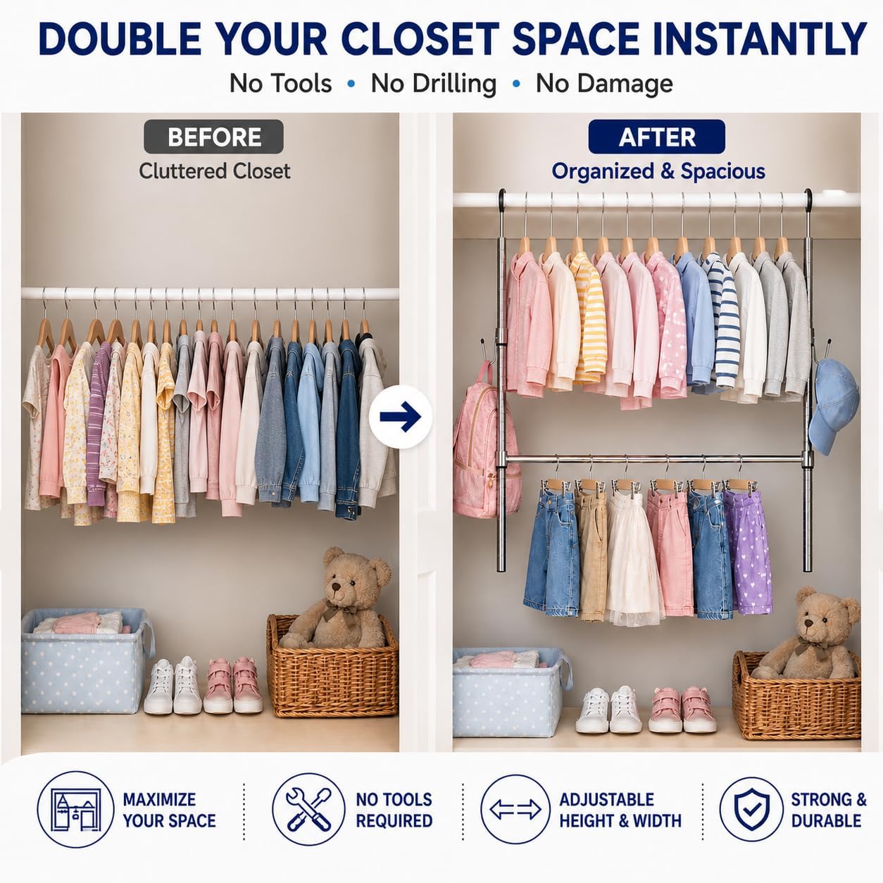 Adjustable Closet Rod Extender with Hooks, Expandable Double Hanging Organizer for Closets, Kids' Wardrobe & Laundry Room, No Tool Assembly, Metal Tension Pole, Chrome Finish