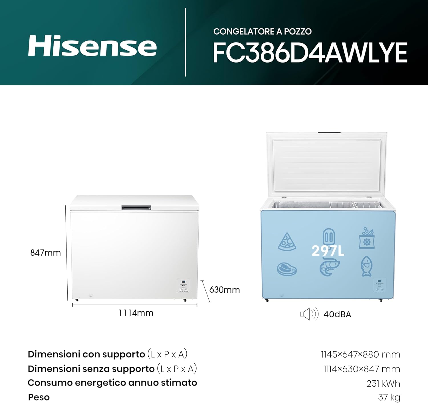 Hisense FC386D4AWLYE Chest Freezer with dimensions.