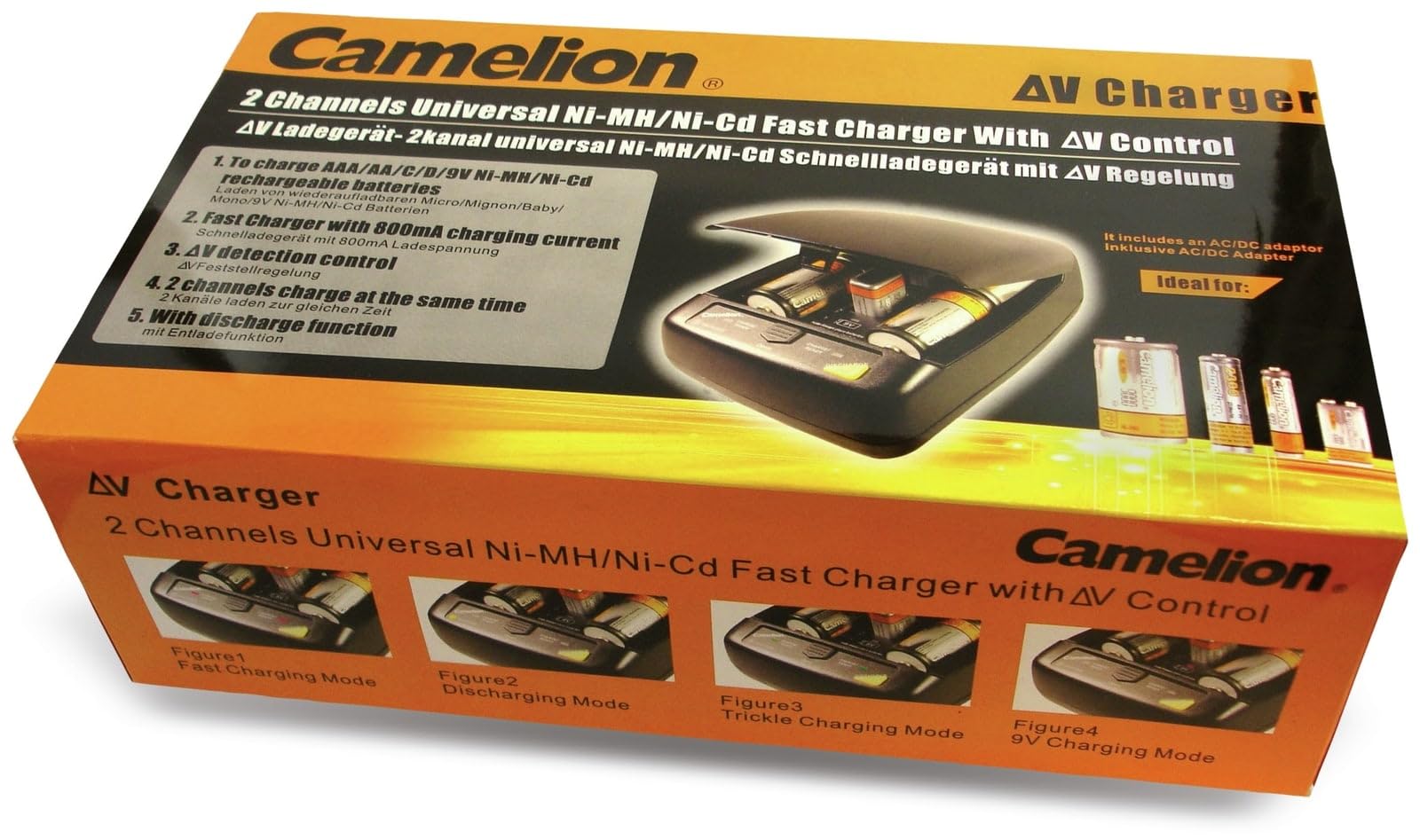 Camelion 20009388 Universal Fast Charger with lid open, showing battery compartments for AA, AAA, C, D, and 9V batteries.