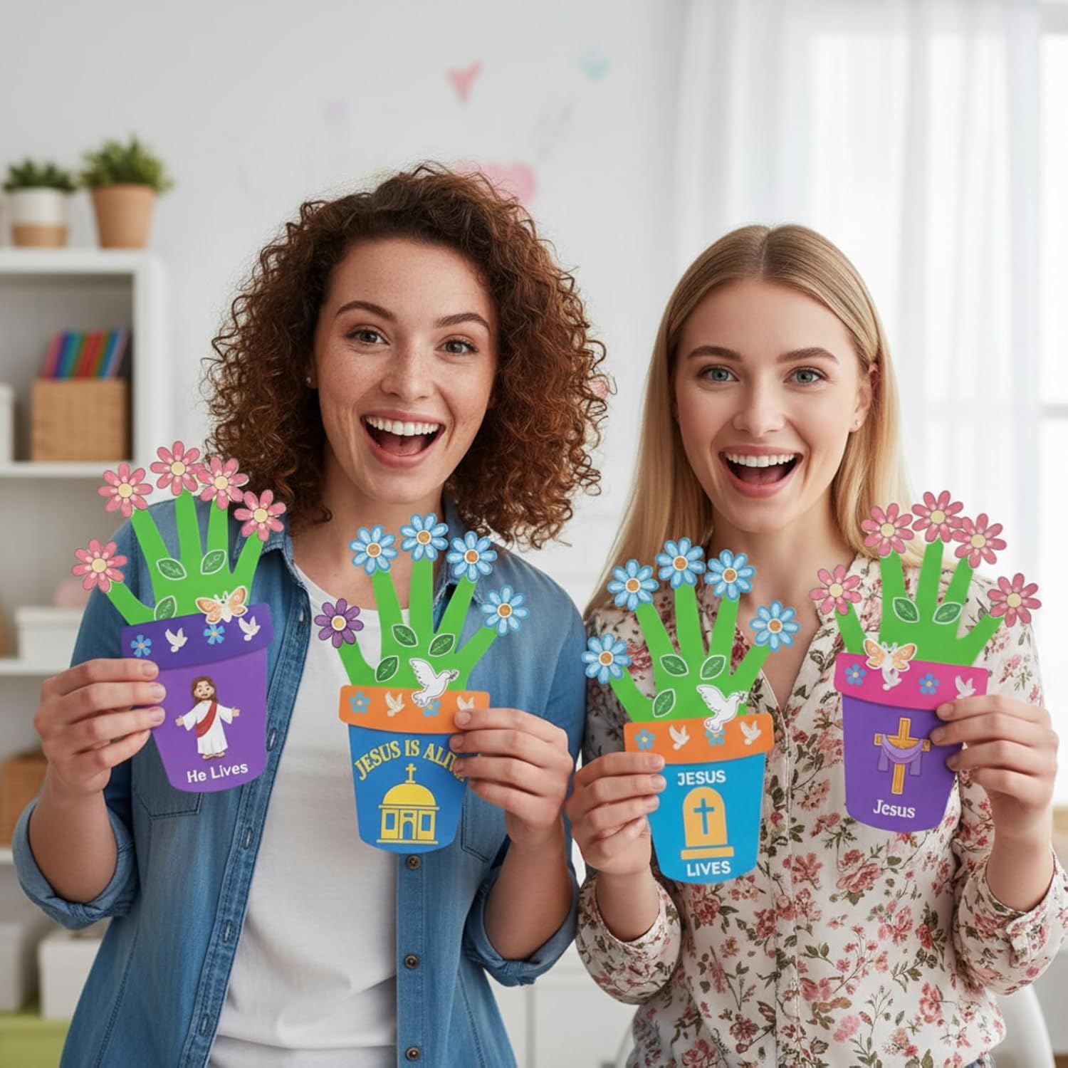 Pasimy 24 Sets Easter Religious Crafts Kit - Jesus He is Risen DIY Cards Stickers Christian Make Your Own Flower Pot DIY Arts for Spring Sunday School Faith Church Activities Party Supplies