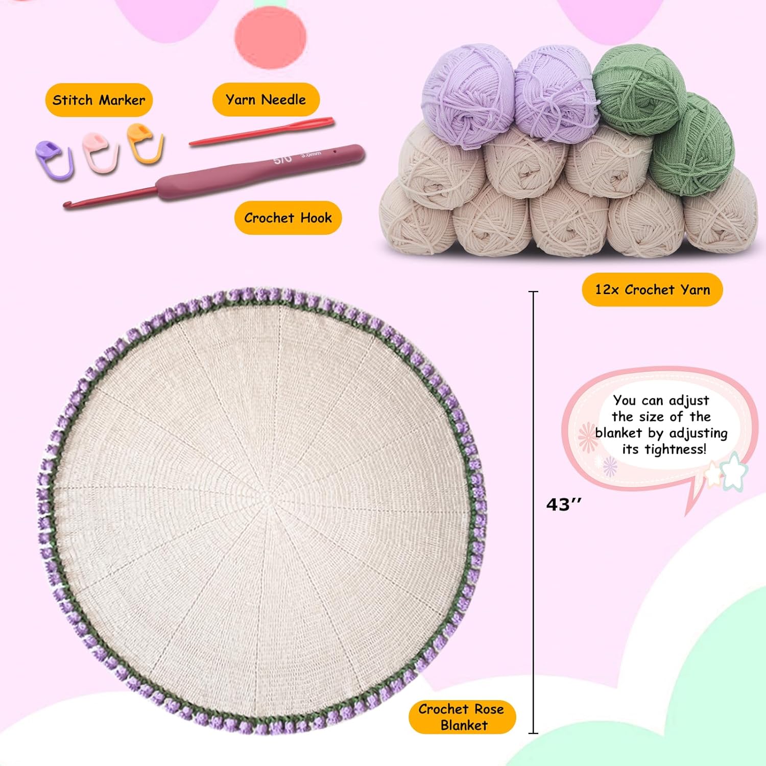 HYAMVOR DIY Crochet Flowers Bouquet Blanket Kit, Handmade 43 inches Throw Knitting Kits for Adults, 12 Yarn Ball with Crochet Hook,Yarn Needle,Stitch Marker (Lily of the Valley)