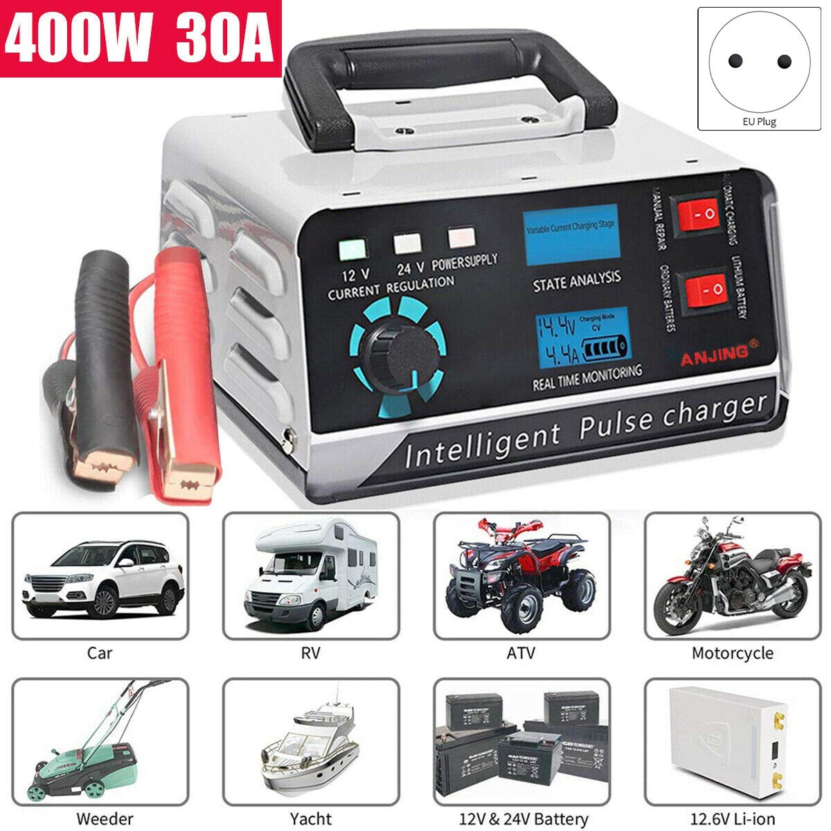 400W 30A 12V / 24V Cargador AutomáTico de BateríA de Coche ReparacióN de Pulso Inteligente Trickle Enchufe de la UE