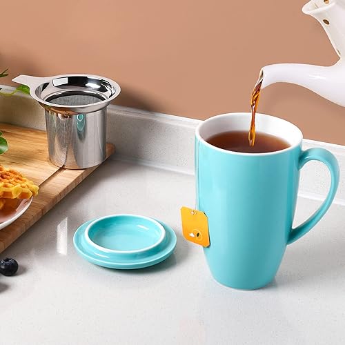 Miniatura 5 de Taza de té de cerámica con infusor de hojas sueltas y tapa, 16 onzas, taza de café apta para microondas y lavavajillas, moderno colador de té de