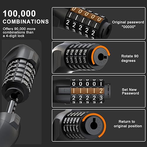 Miniatura 7 de Candado eléctrico para scooter, candado de bicicleta con combinación de 5 dígitos, cerraduras de cable doble de 0.44 pulgadas, seguridad de 3.44