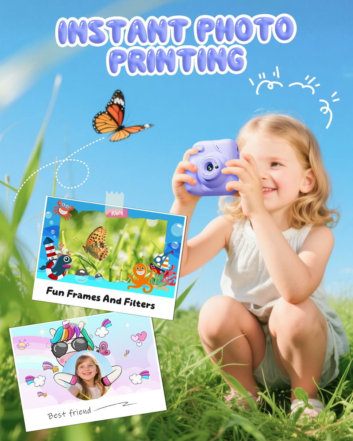 CAMCLID Macchina Fotografica Bambini Istantanea, 1080P HD Macchina Fotografica Istantanea 48MP con Scheda da 32 GB e 3 Rotoli di Carta da Stampa, Regalo per Ragazze Ragazzi da 3-12