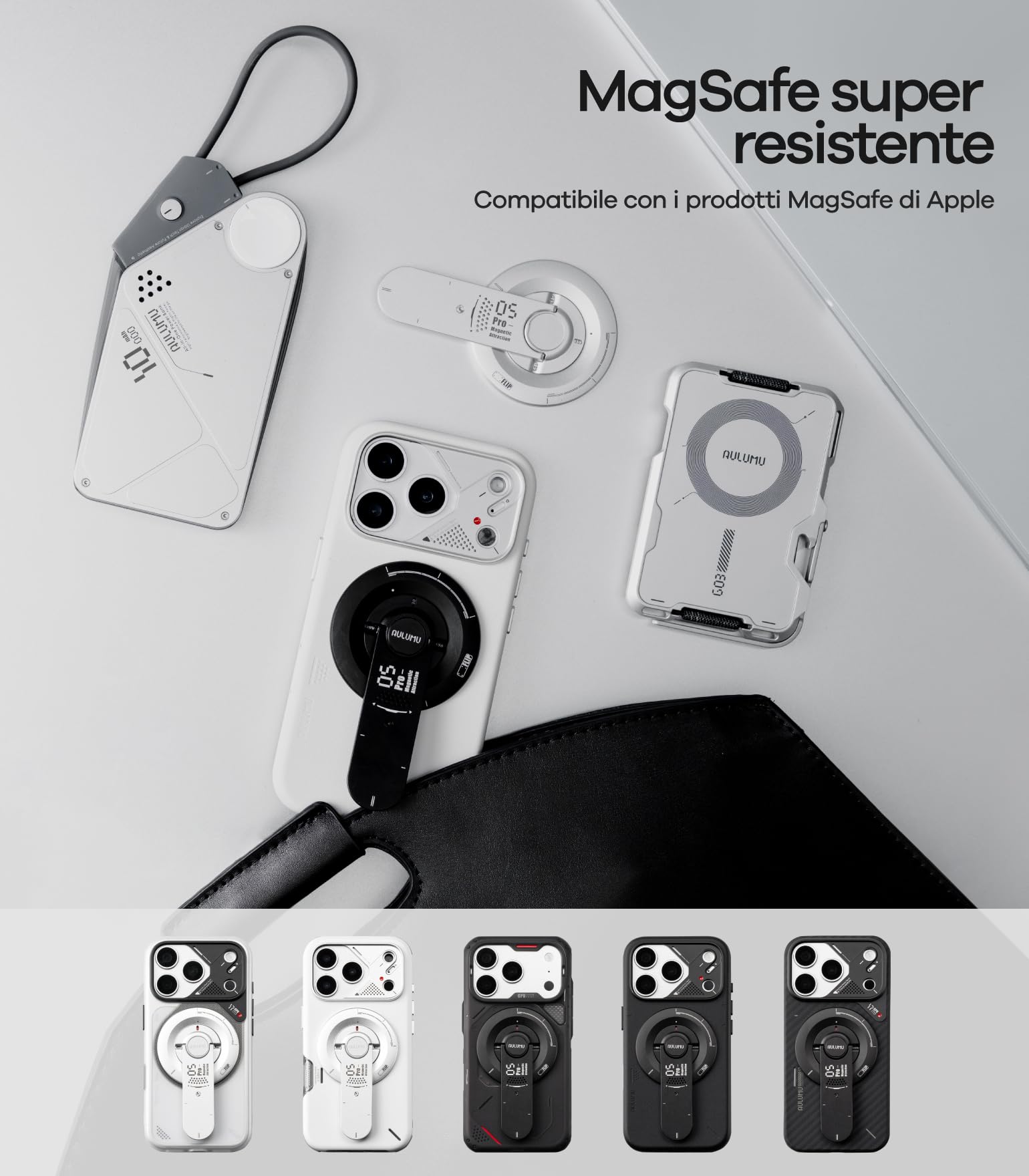 Aulumu G05 Pro Supporto Anello Cellulare per MagSafe EDC Multiuso, Regolazione dell'angolo di rotazione, Ultraleggero Sottile con Cacciavite/Lima/Lama per sega/Ago per SIM/Coltellino multiuso, Nero