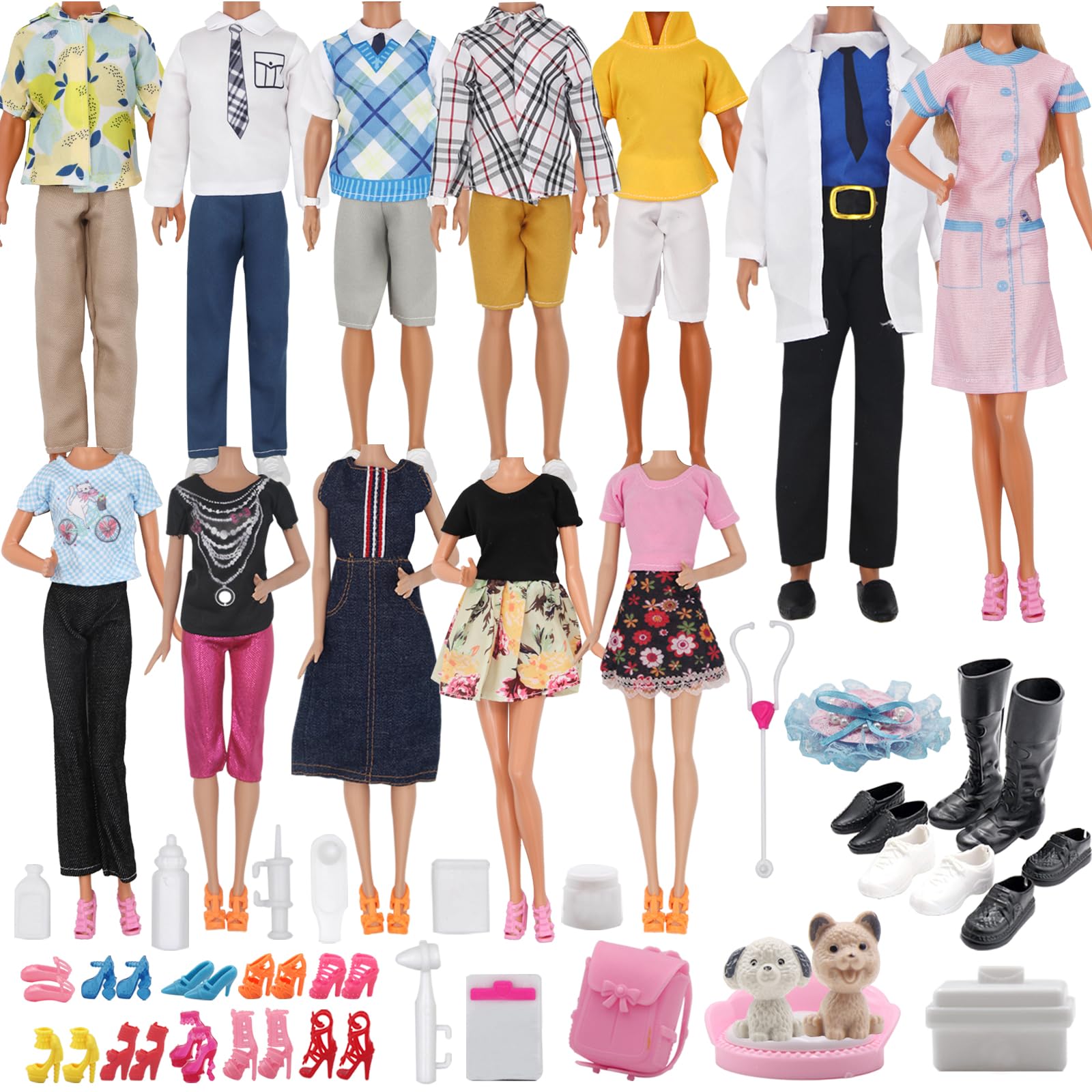 71Pcs Doll Clothes & Accessories for 12 Inch Boy & Girl Dolls - Pet Care Set Includes 25 Wear Clothes, Shirts, Jeans, Suits, Shoes, Pet Doctor Playset, Trolley, Backpack