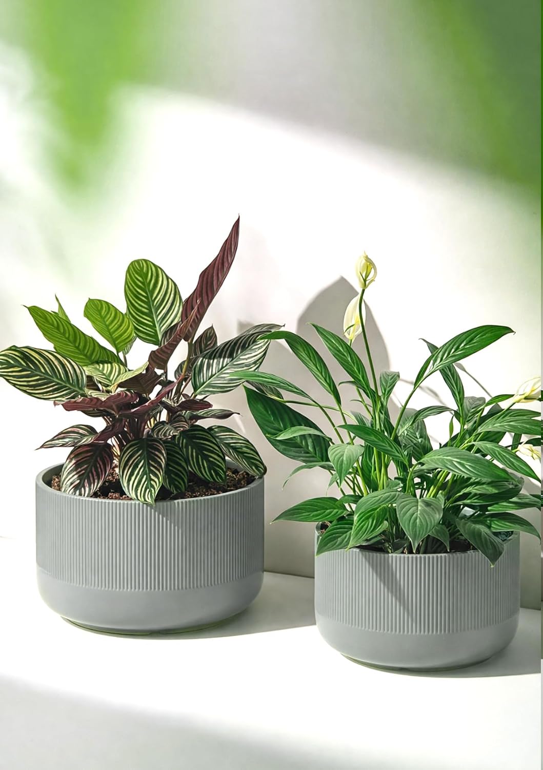 Ceramic Planters - 10+12 Inch Large Pots for Indoor & Outdoor Plants, Modern Flower Pots with Drainage Holes and Self Watering Devices, House Grey-Blue Big Plant Pot, Set of 2