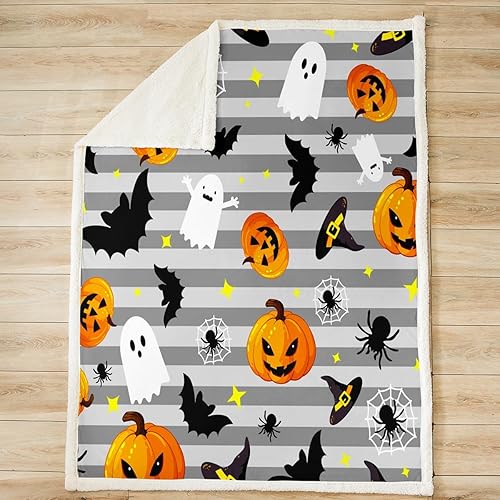 Miniatura 2 de Manfei Manta de Halloween de fantasmas, calabaza, farol, murciélago, araña, para decoración de habitación de niños, manta de rayas grises para sofá,