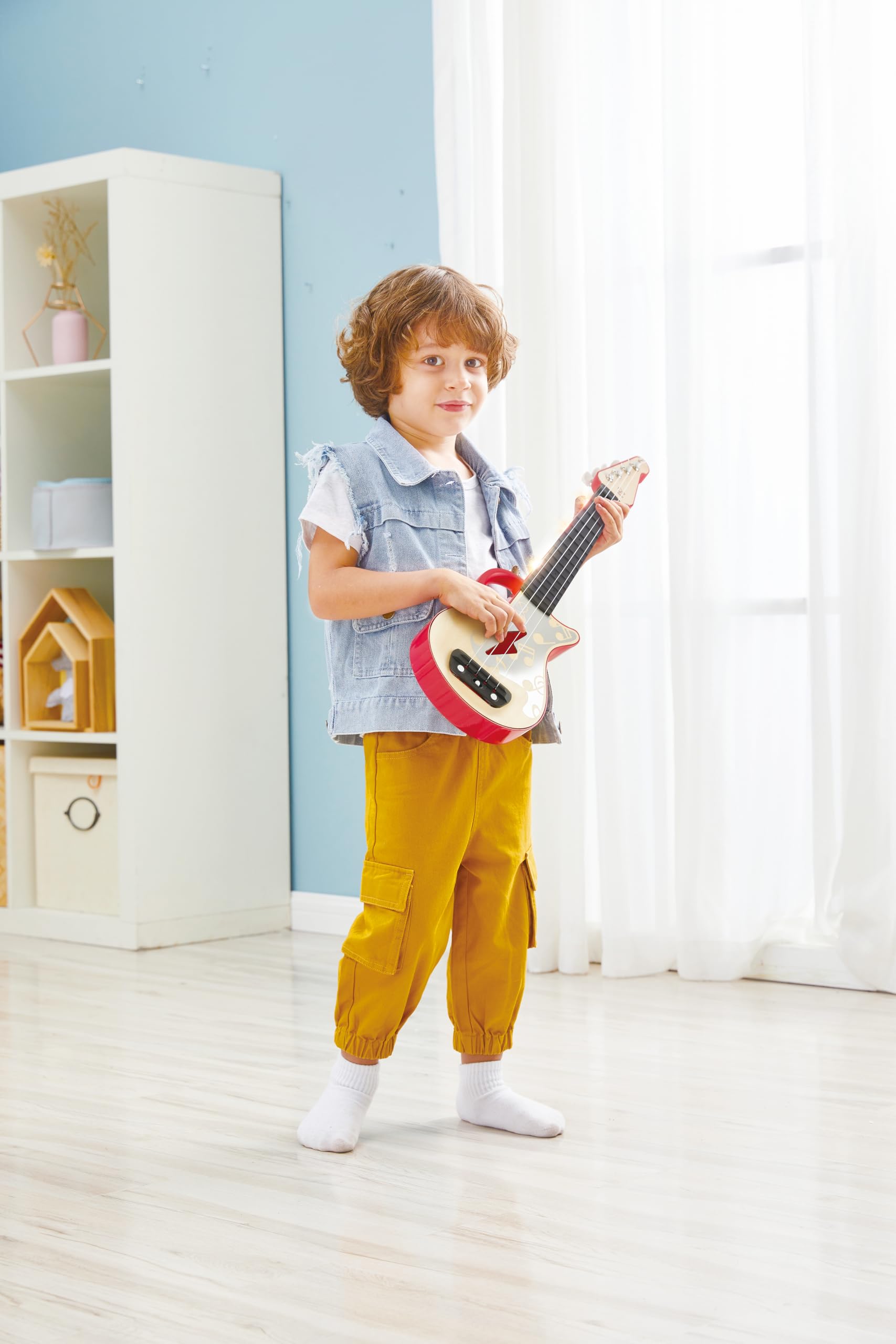 Hape Learn with Lights Ukulele-Red , Electric with Tunable Strings & Guiding Lights , Ukulele for Kids 3 Years and Up
