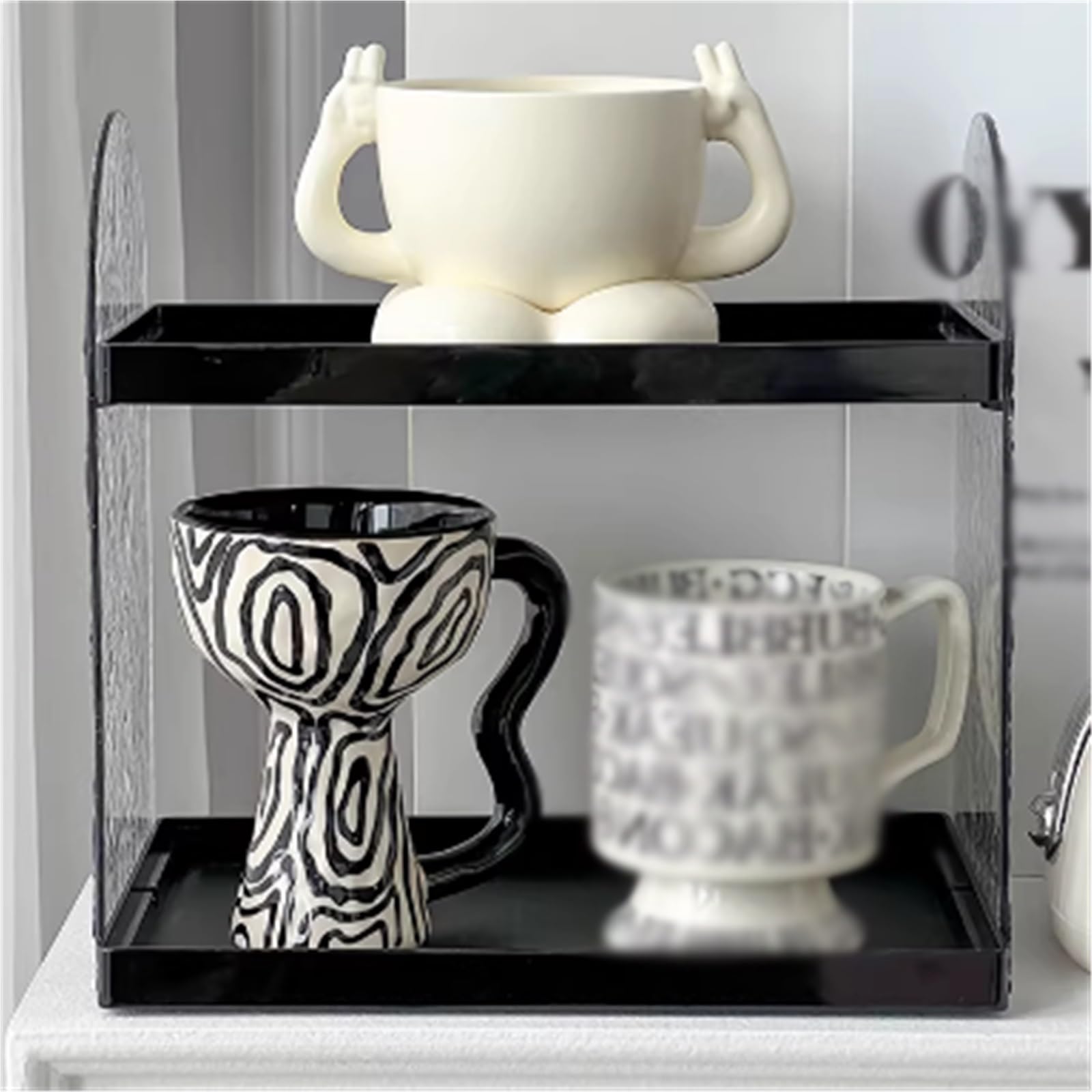 B3F7M4R9J2 Porta Tazze Coffee cup storage pantry bar counter acrylic holder double-layer tray(Nero)