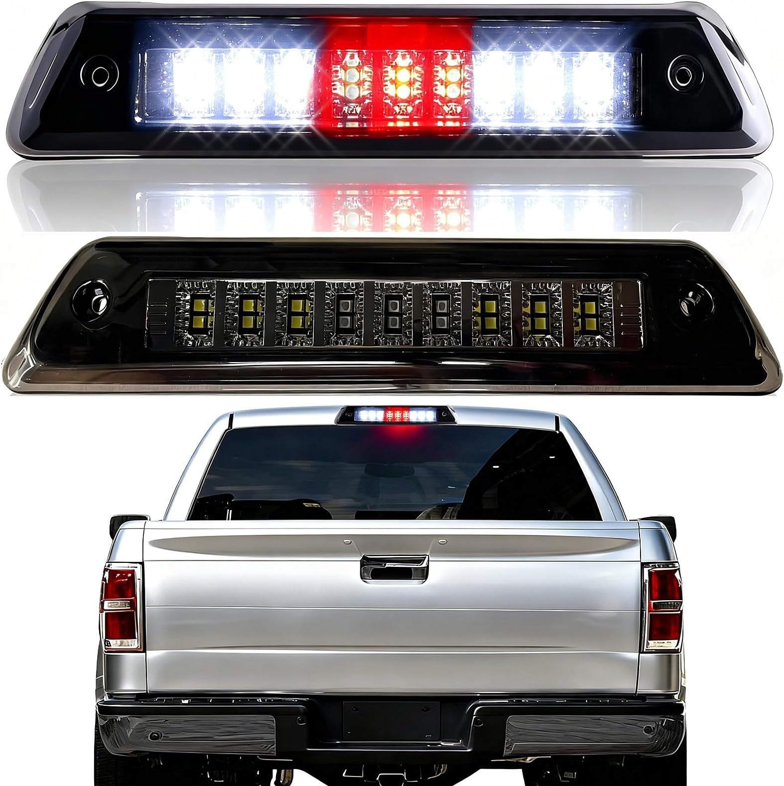 LED Third Brake Light Assembly, White Running & Red Stop Light, Compatible with 2009-2014 Ford F150, 2010-14 Lincoln Mark LT, Rear Center Cab Roof Tail Cargo Lamp,with Seal Foam Gasket