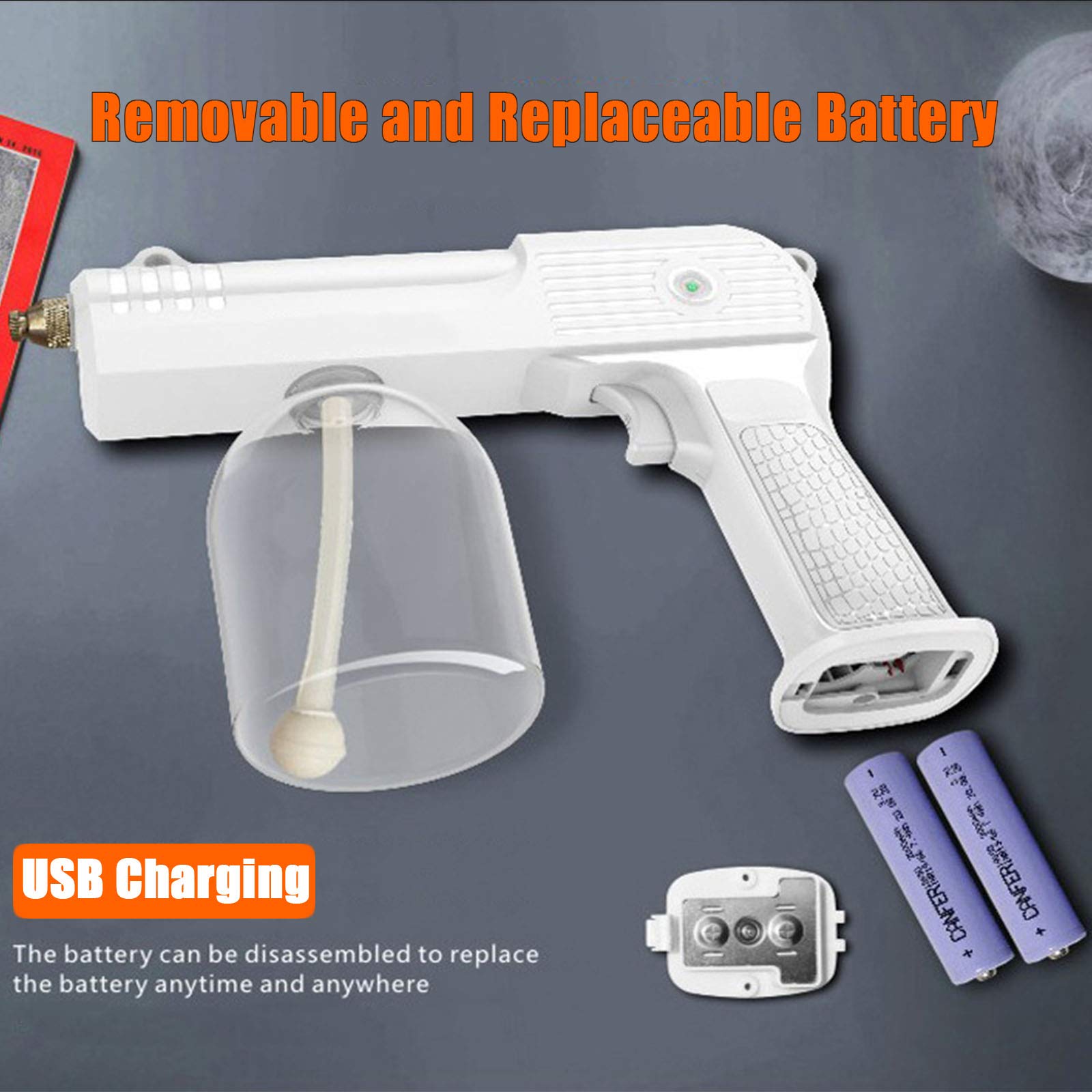 Nebulizzatore portatile, 4 ugelli, spray disinfettante senza fili, alimentato a batteria 4000Mah, pistola a spruzzo Nano Blu-ray per casa, ufficio, hotel, auto, viaggi,Bianca