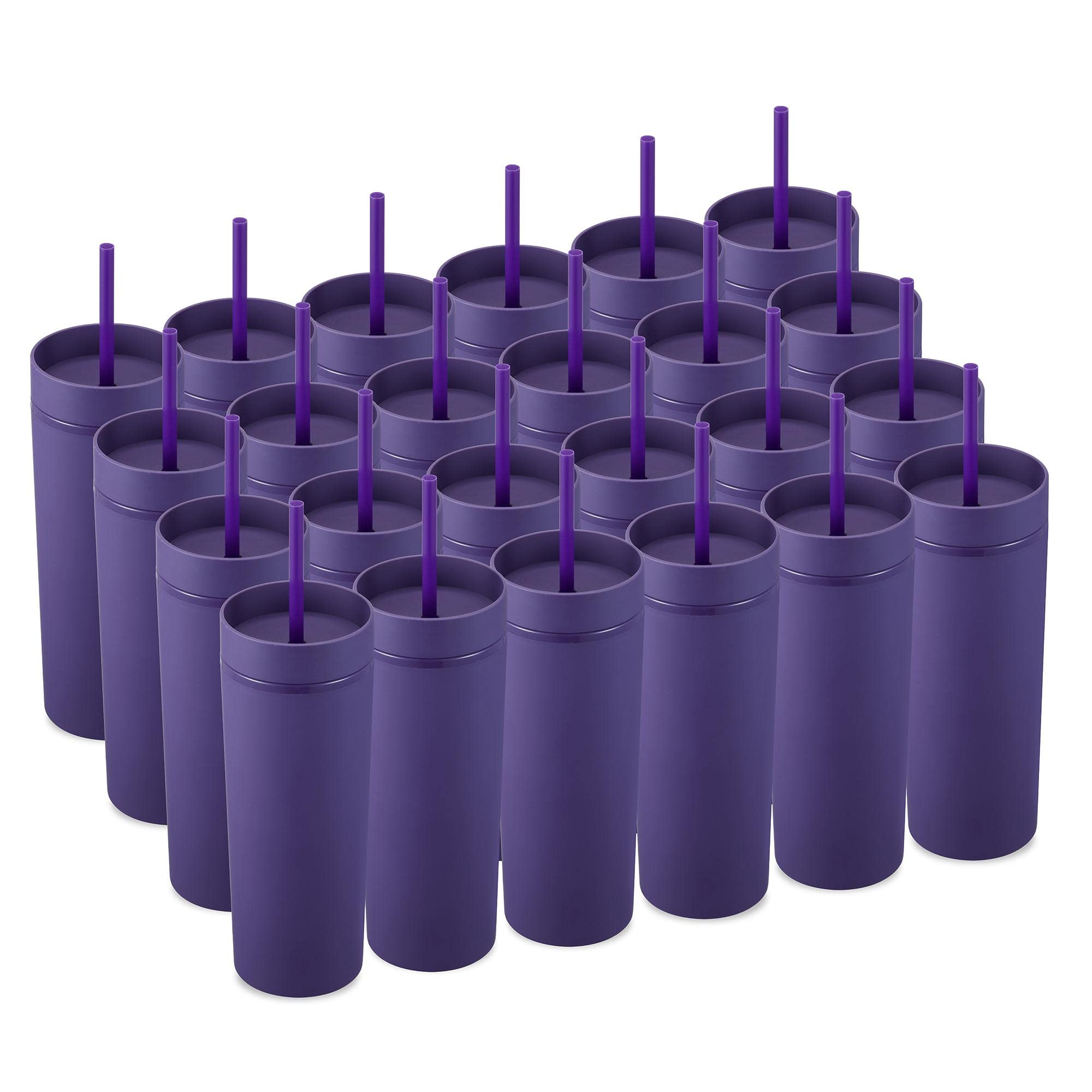 MEWAY 20oz Plastic Skinny Tumblers Bulk 24 Pack?Double Wall Acrylic Tumbler with Lid and Straw?Matte Pastel Colored Reusable Plastic Cups, Birthdays,Customization DIY Gifts(Purple,Set of 24)