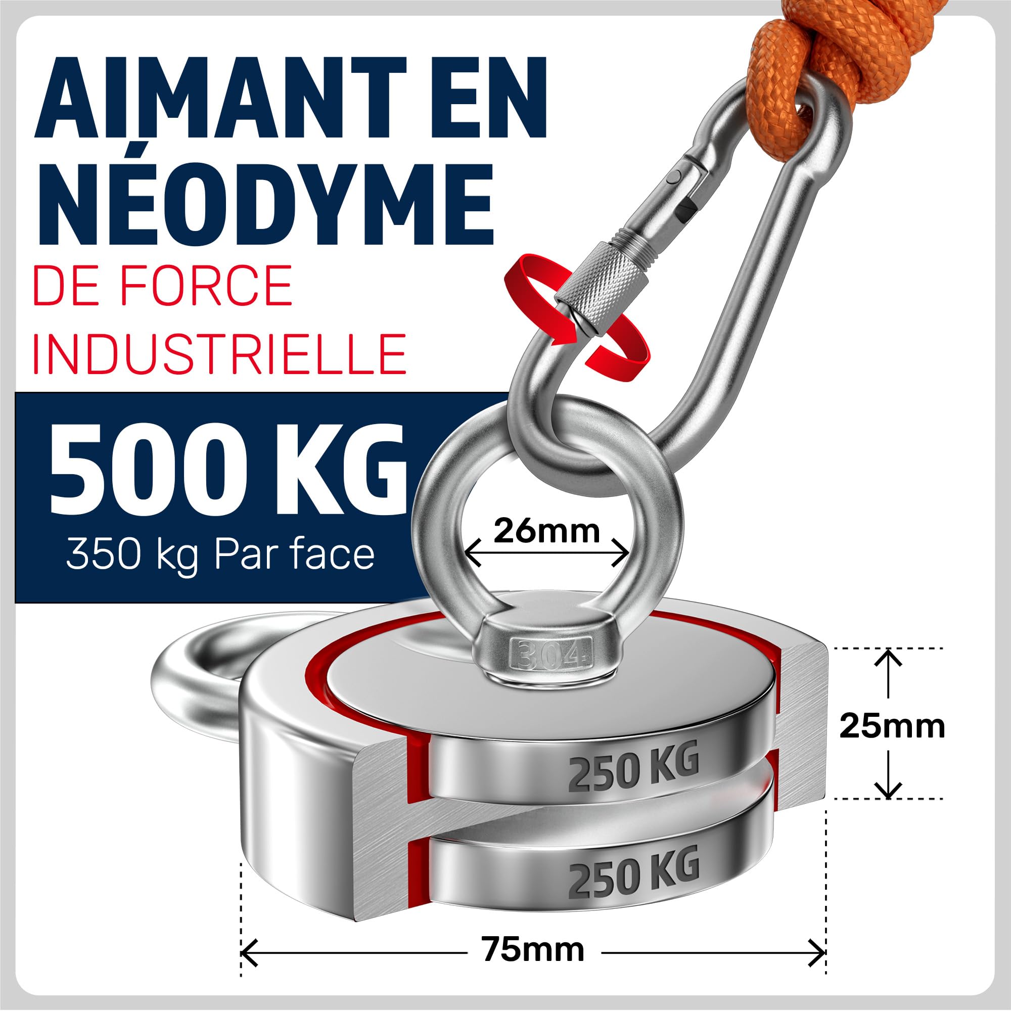 MAGFISHION Aimant Neodyme Puissant - Traction de 500KG (2 x 250kg) - Aimant de Pêche - Ø75mm - Peche a l'aimant avec de Corde (20M) et Gants - Kit de Pêche Super Magnétique