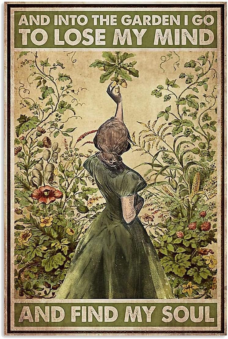 Vintage Metal Tin Sign and into The Garden I Go to Lose My Mind and Find My Soul Retro Metal Tin Sign Hippie Girl Poster Vintage Sign for Home Coffee Wall Decor 12x8 Inch