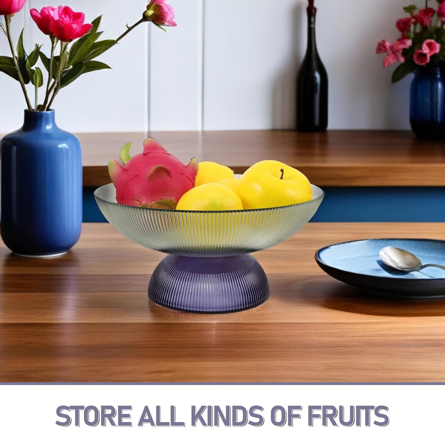 Glass Fruit Platter with Brass Gold Detailing round Pedestal Fruit Bowl for Living Room and Dining Table Vintage Style Serving Tray for Candy Snacks