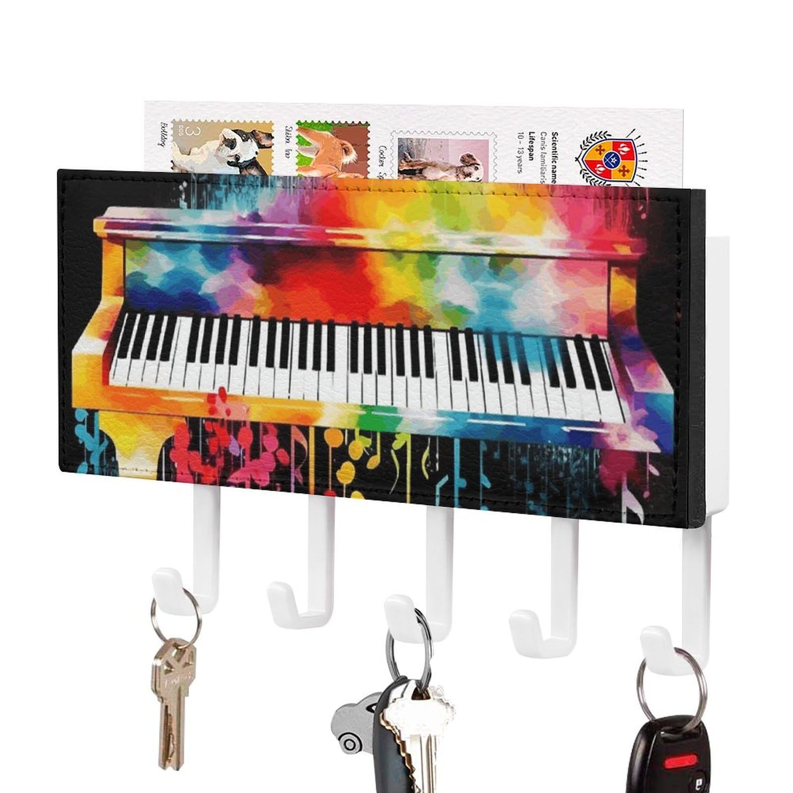 JTREHY Colorful Piano Keyboard Music Note Holder Wall-Mounted Key and Mail Holder,Key Rack with 5Keys Hooks, Easy to Install Mail Organizer for Entryway, Front Door, Hallway, Office