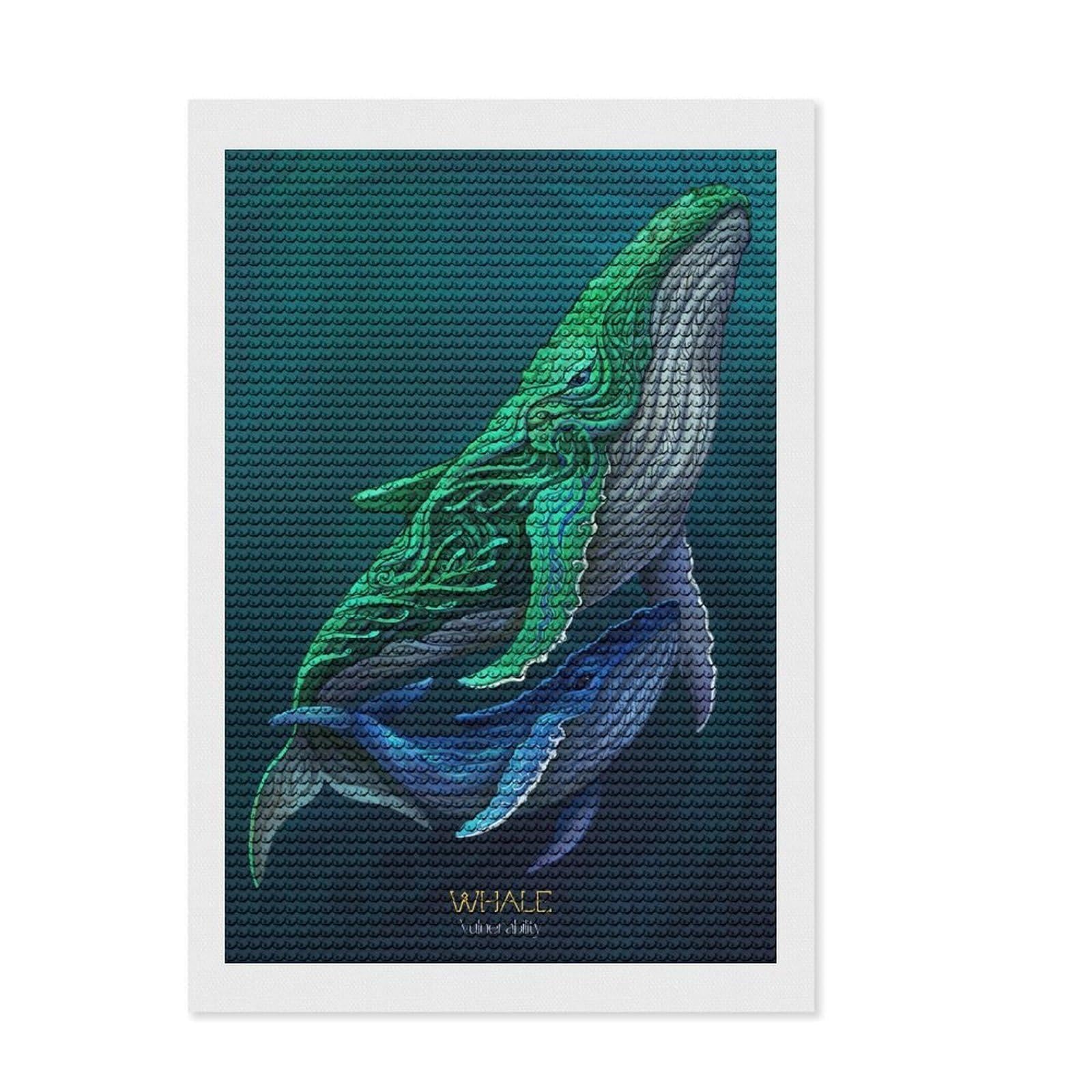 Junmoney Two Whales in Teal and Blue Diamond Painting Set 8"x12", with Tool Kit, Office Decor, Creative Hobby, Fun Craft Activity, Winter Craft