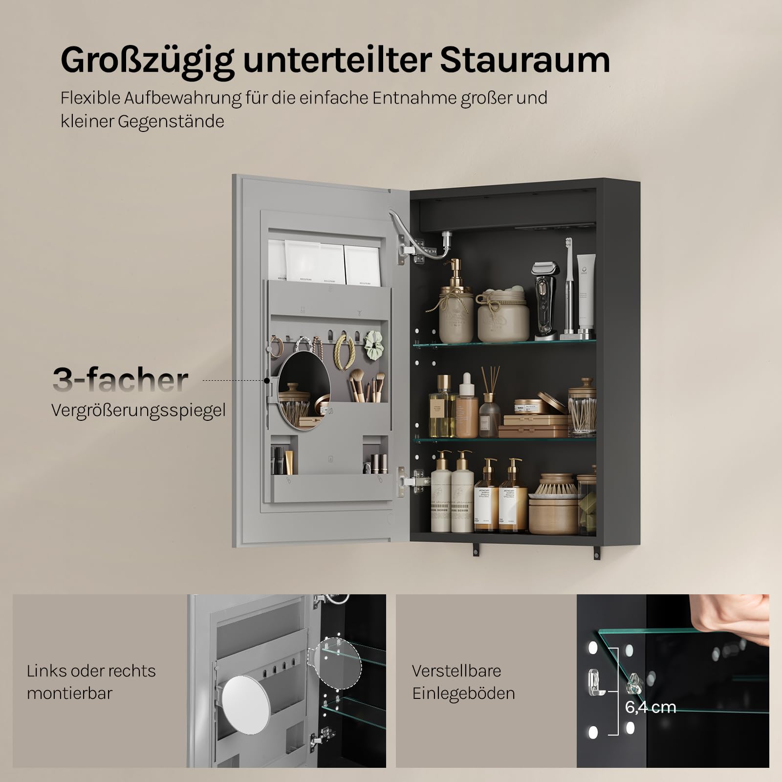 WOLTU Spiegelschrank Bad mit Beleuchtung, Badezimmerschrank hängend mit LED-Beleuchtung, Antibeschlag-Funktion, mit Steckdose und verstellbaren Ablagen, 14,5 x 50 x 70 cm, Schwarz