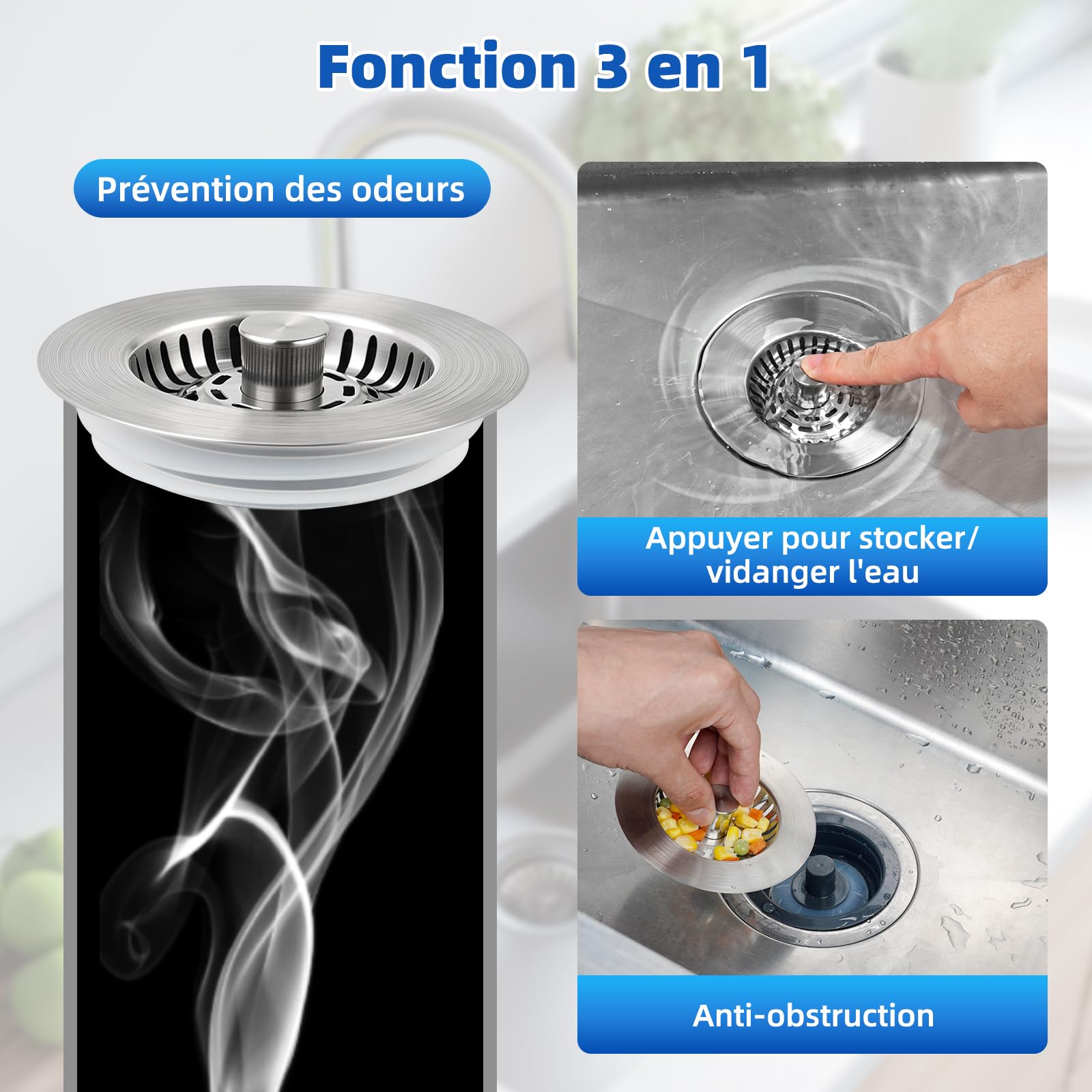 Hibbent Bouchons Évier Cuisine 3 en 1 Améliorés, Crépine Acier Inoxydable avec Base ABS, Double Joint Caoutchouc, Anti-Bouchage, Anti-Odeurs, Profondeur 28 mm, Nickel Brossé
