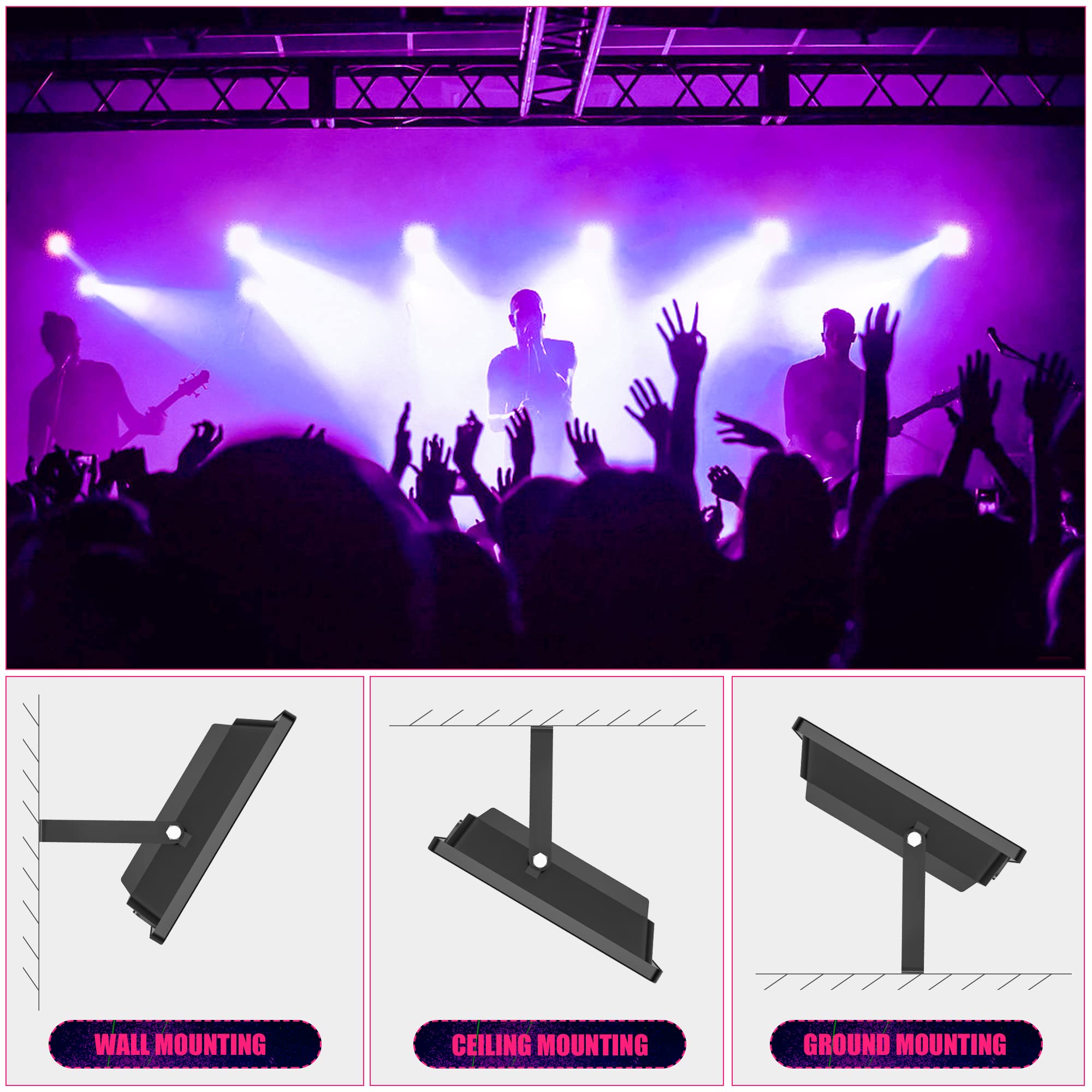 LED Black Light with Glow Tapes, 410nm UV Flood Lights with 10ft Cable & Plug, IP66 Waterproof, for Halloween Glow Party, Stage, Aquarium, Body Paint, Fluorescent Poster, 120V: 150W