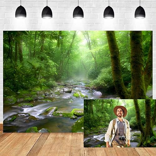 OERJU Telón de fondo de fotografía de bosque pacífico de 5 x 4 pies para exteriores, rústico, decoración con temática de viajes, piedras, arroyo,