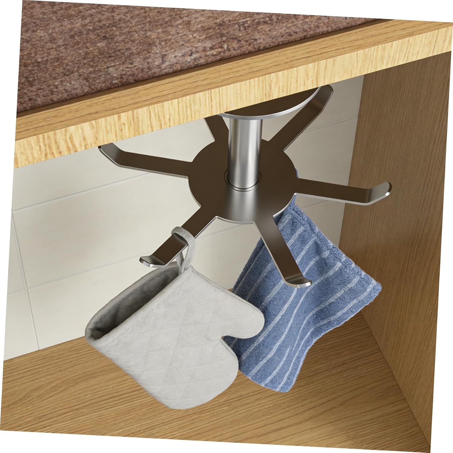 2pcs Stainless Steel Rotating Kitchen Hooks Six-Claw Under Cabinet Utensil Hangers with Screw Mount Space-Saving Kitchen Organizer and Bathrooms