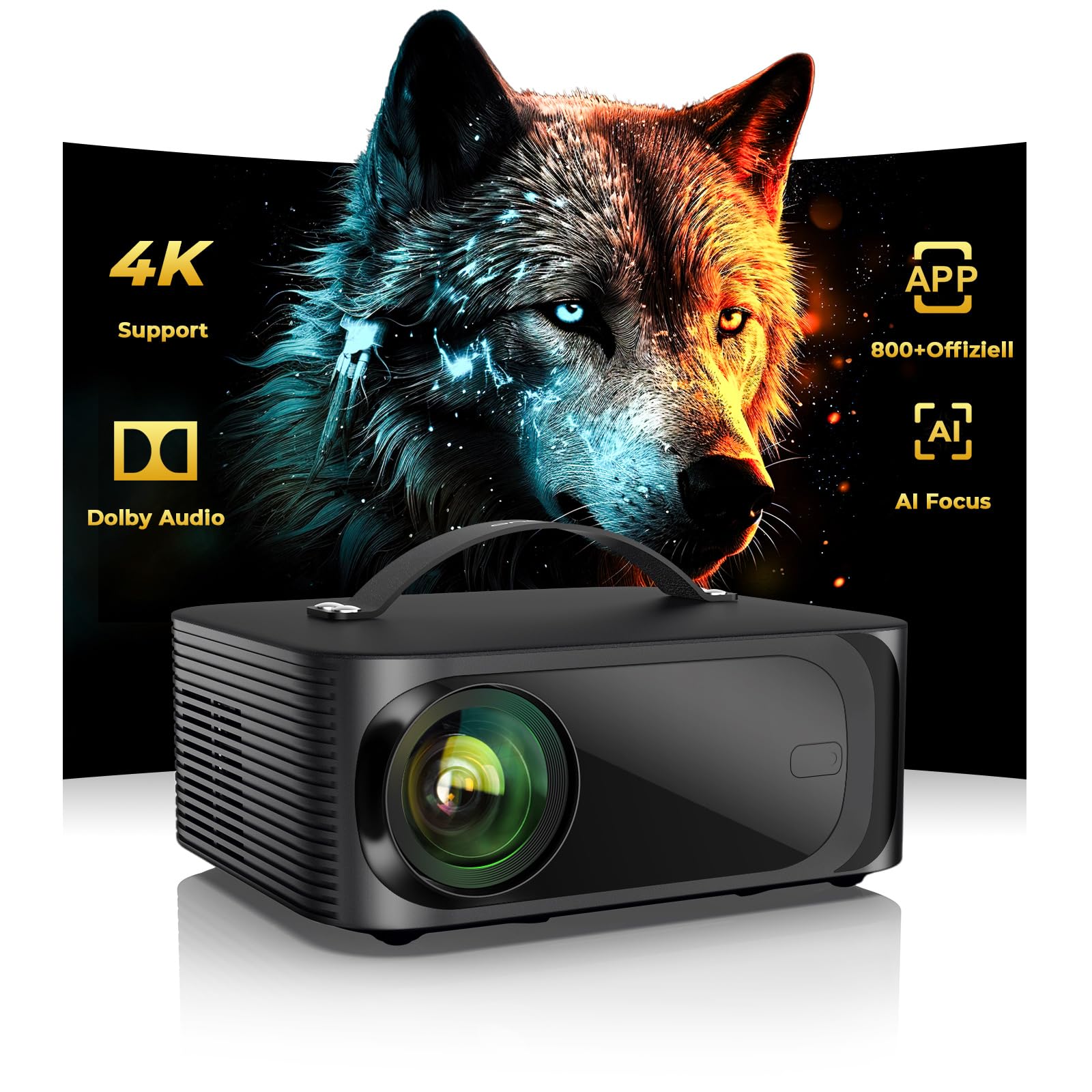 Beamer 4k Heimkino【800+Offizielle Apps&Dolby Audio】 15000 ANSI KI Fokus ONOAYO HDR10 Projektor WiFi 6 Bluetooth 5.4 Smart mini Beamer Geeignet für Filmabende, Partys und die Fußball-Weltmeisterschaft