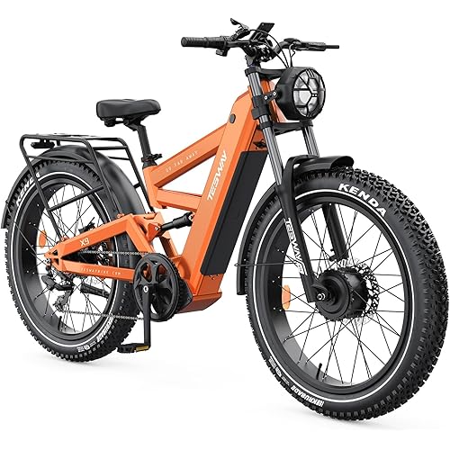 TESWAY X9 Dual Motor Ebike, 26" Fat Tire Full Suspension AWD Electric Bike for Adults, 4000W 40MPH 240NM, 48V 30Ah 120 Miles Long Rang