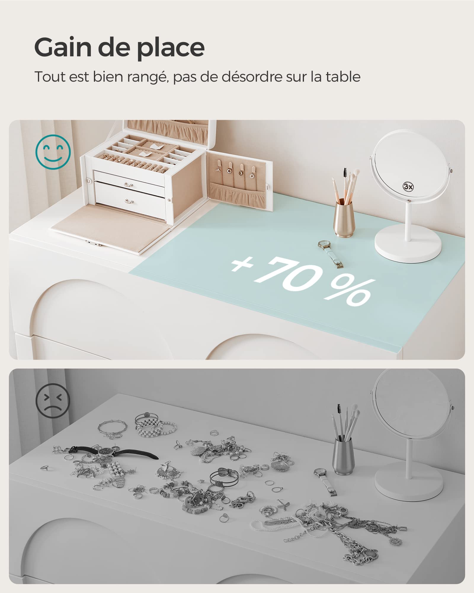 SONGMICS Boîte à Bijoux 3 Niveaux, Écrin 2 Tiroirs, Coffre de Rangement, avec Mini-boîte Portable, Poignées, Verrouillable, Revêtement en Blanc Classique et Doublure en Jaune Sable JBC121W
